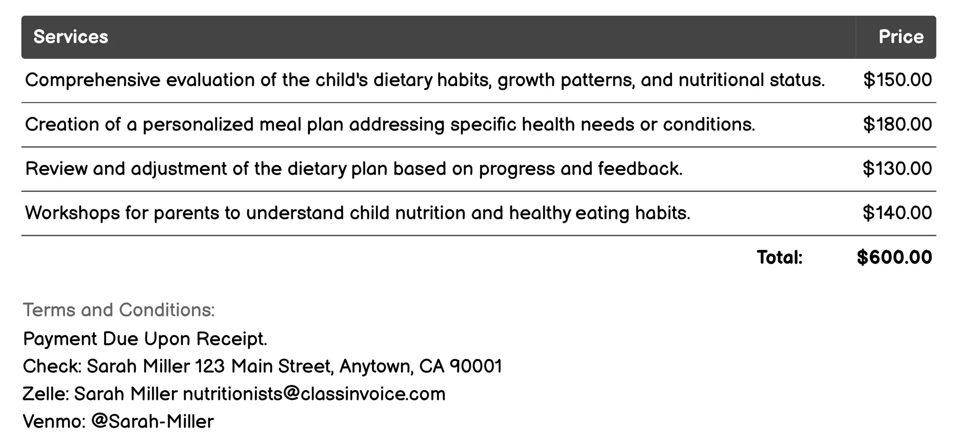 Pediatric Nutrition Invoice Example