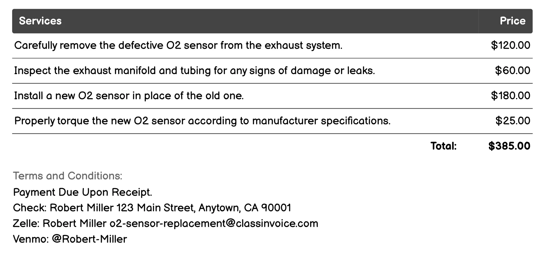 O2 Sensor Installation Invoice Example