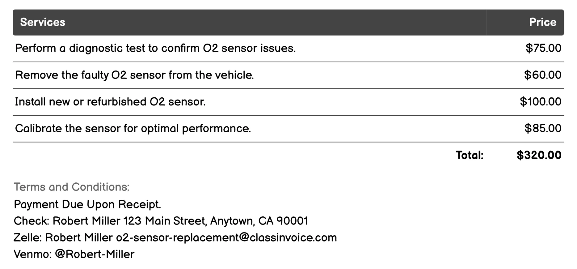 O2 Sensor Performance Monitoring Invoice Example