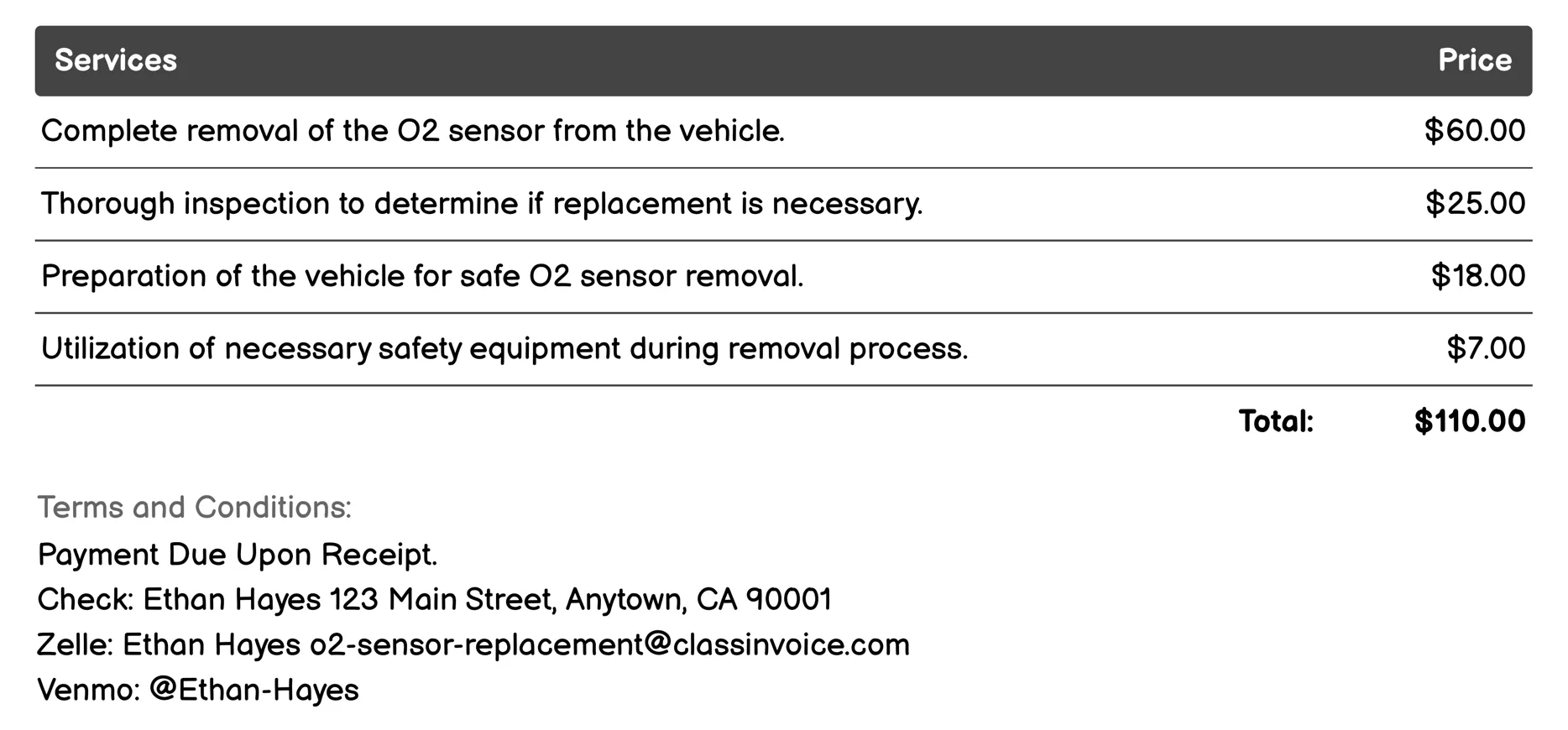 O2 Sensor Removal and Disposal Invoice Example