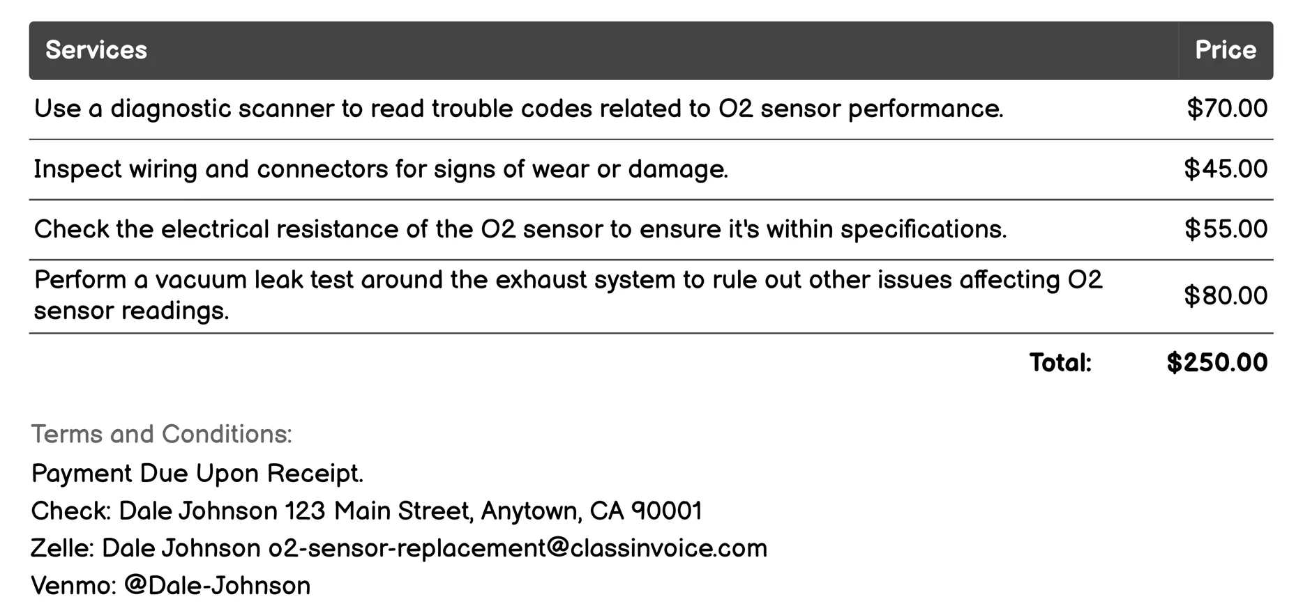 O2 Sensor Testing and Diagnosis Invoice Example
