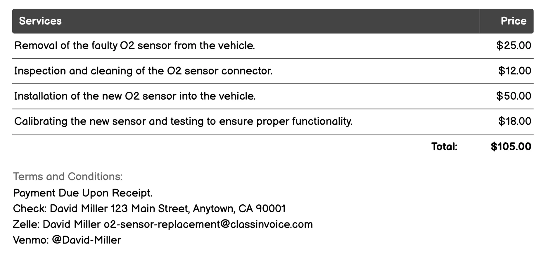 On-Site O2 Sensor Replacement Invoice Example