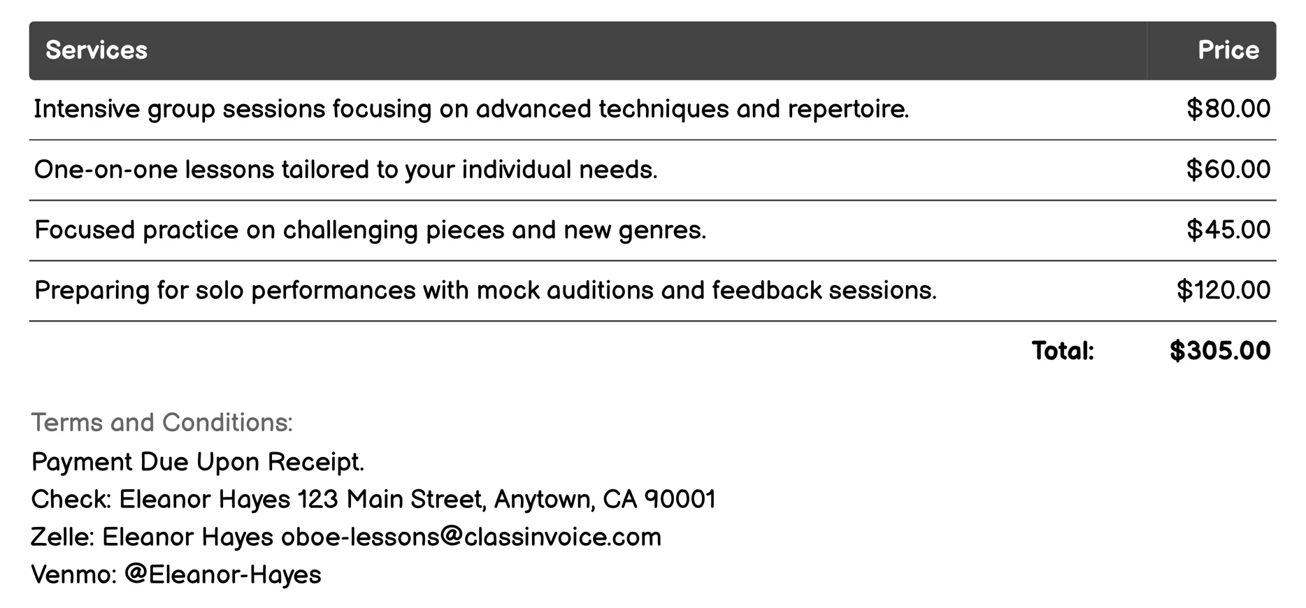 Advanced Oboe Lessons Invoice Example
