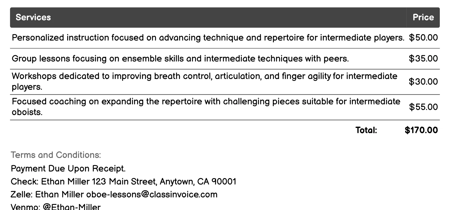Intermediate Oboe Lessons Invoice Example