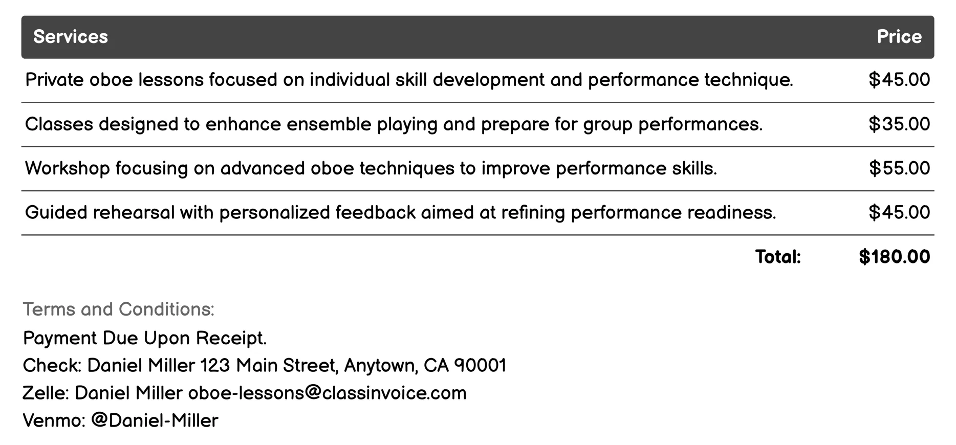 Performance Preparation Classes Invoice Example