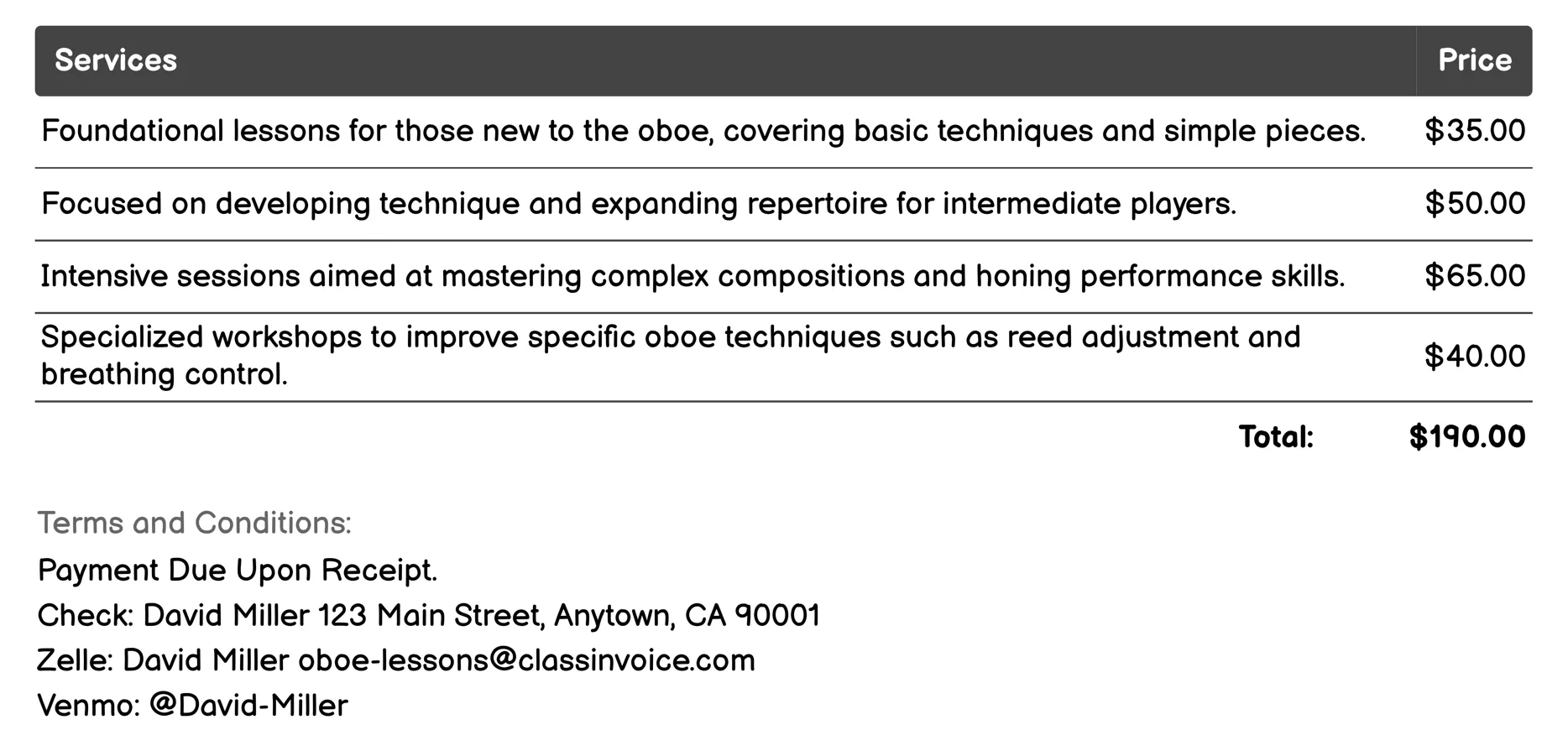 Private Oboe Lessons Invoice Example