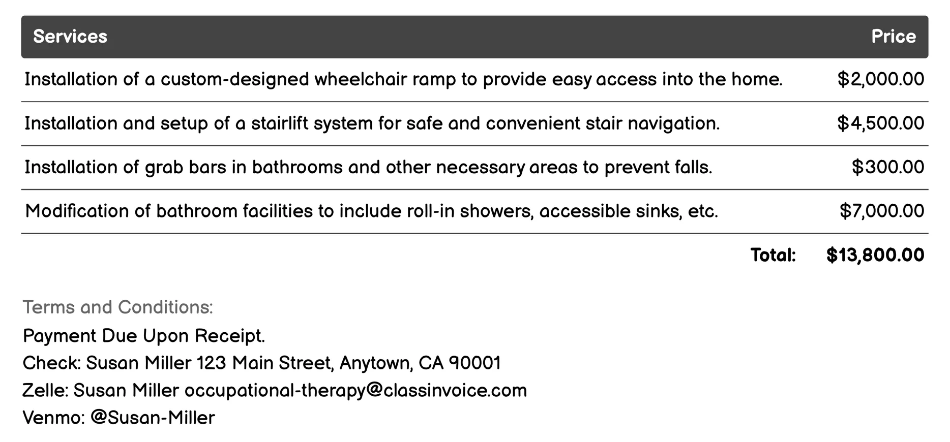 Home Modifications for Accessibility Invoice Example