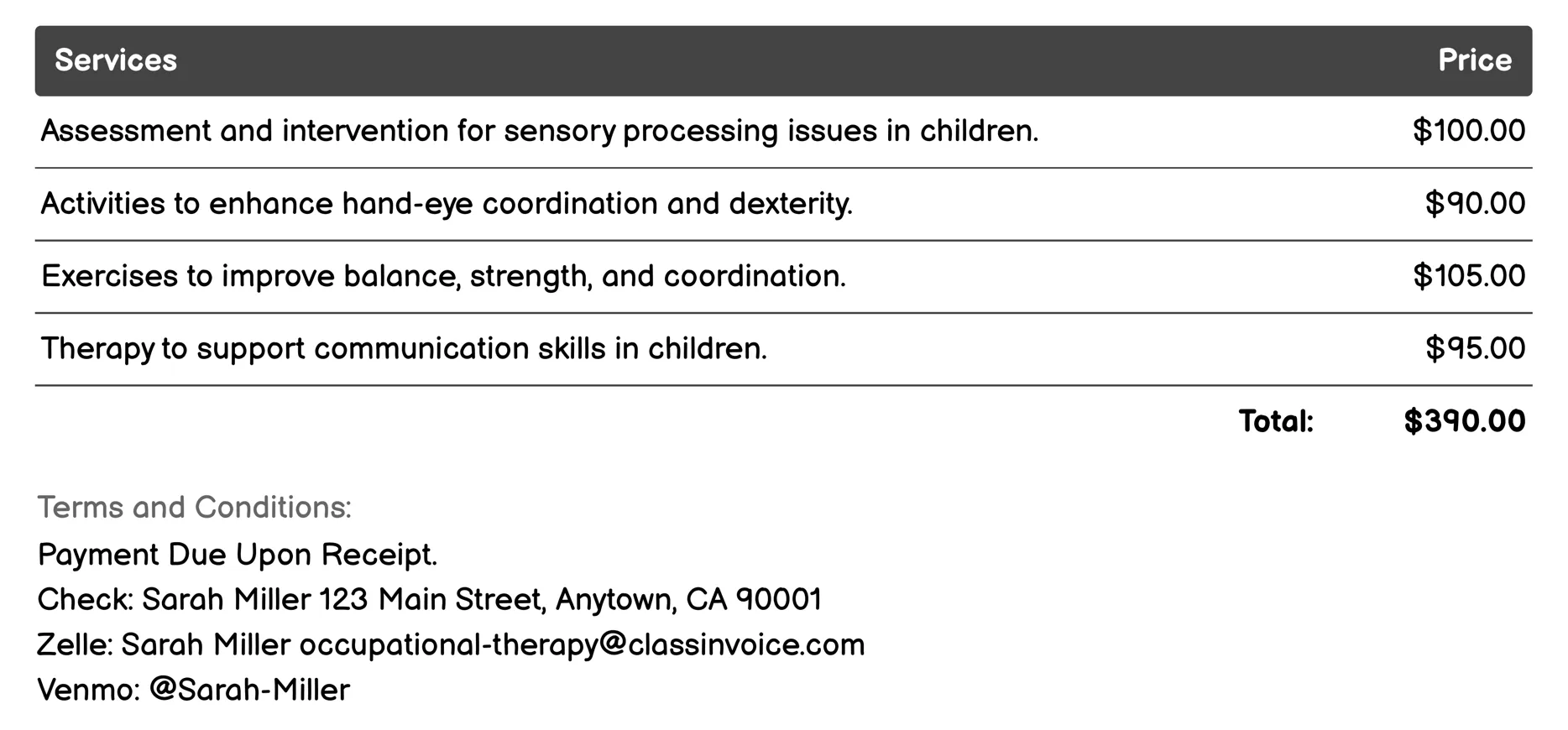 Pediatric Developmental Therapy Invoice Example