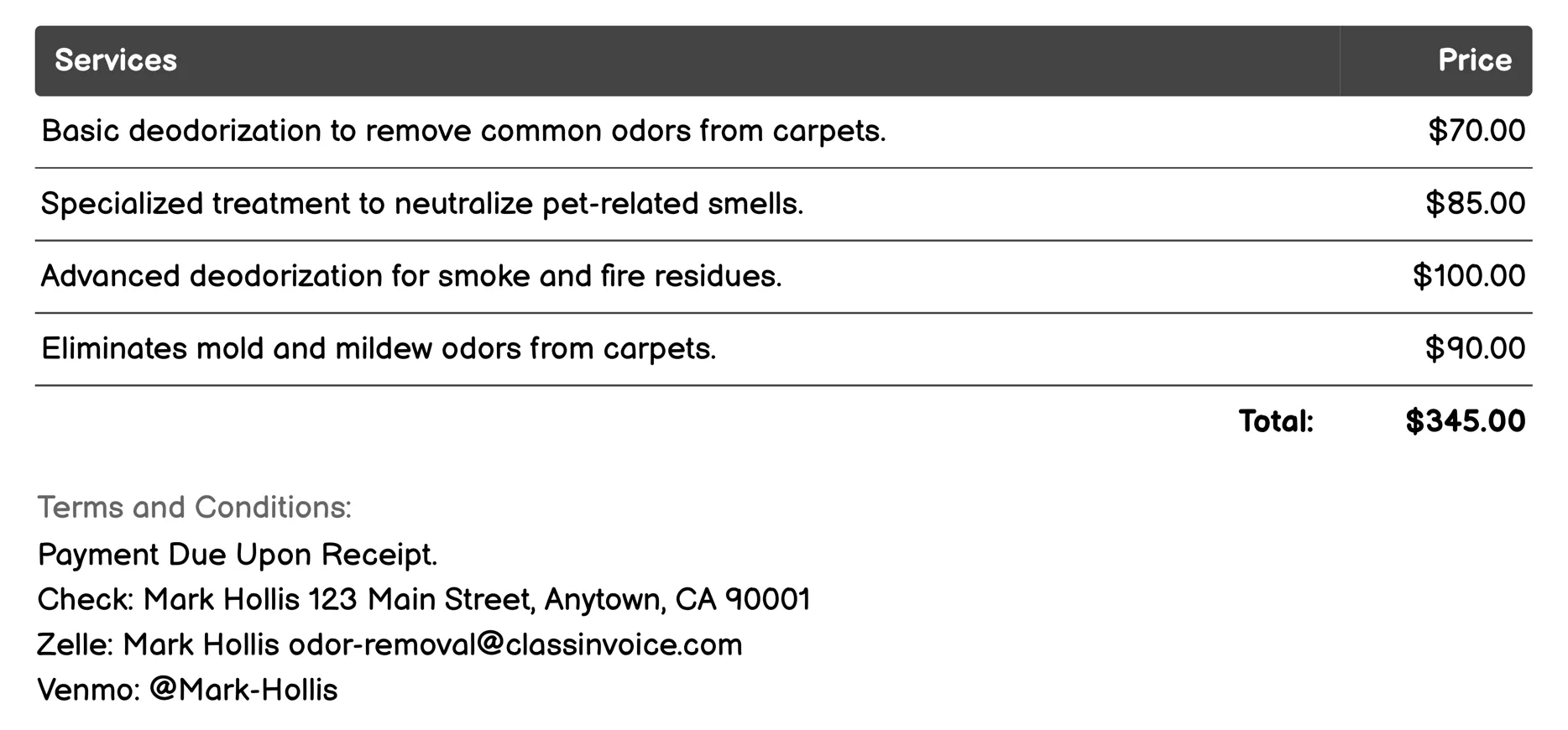 Carpet Deodorization Invoice Example