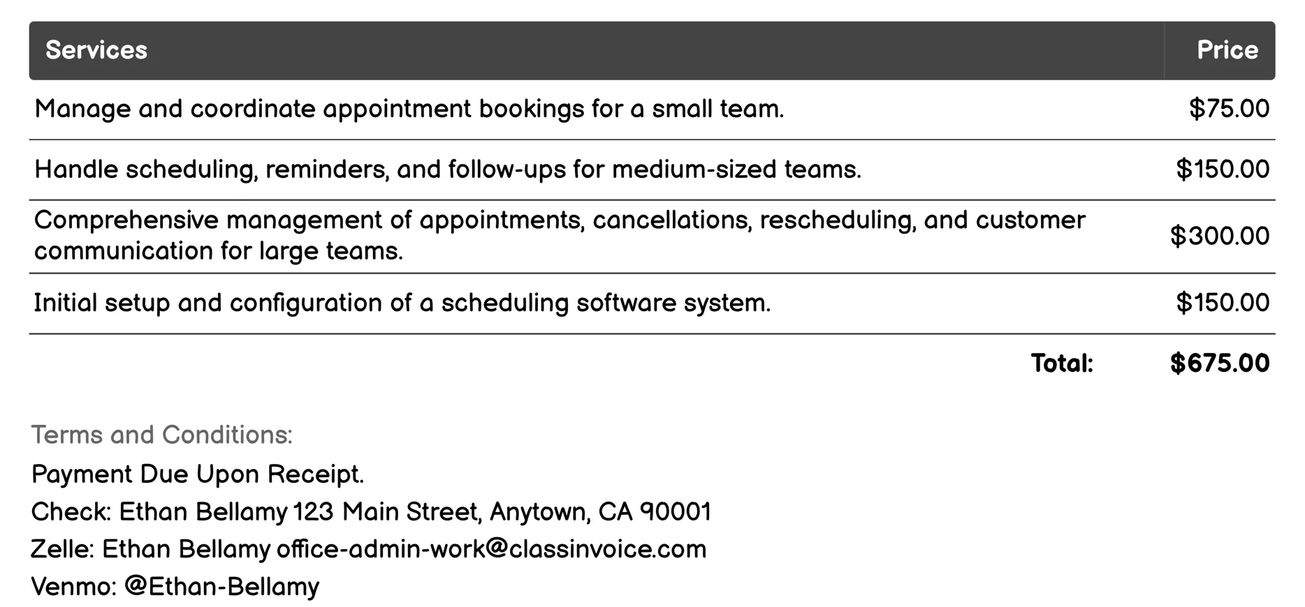 Appointment Scheduling Invoice Example