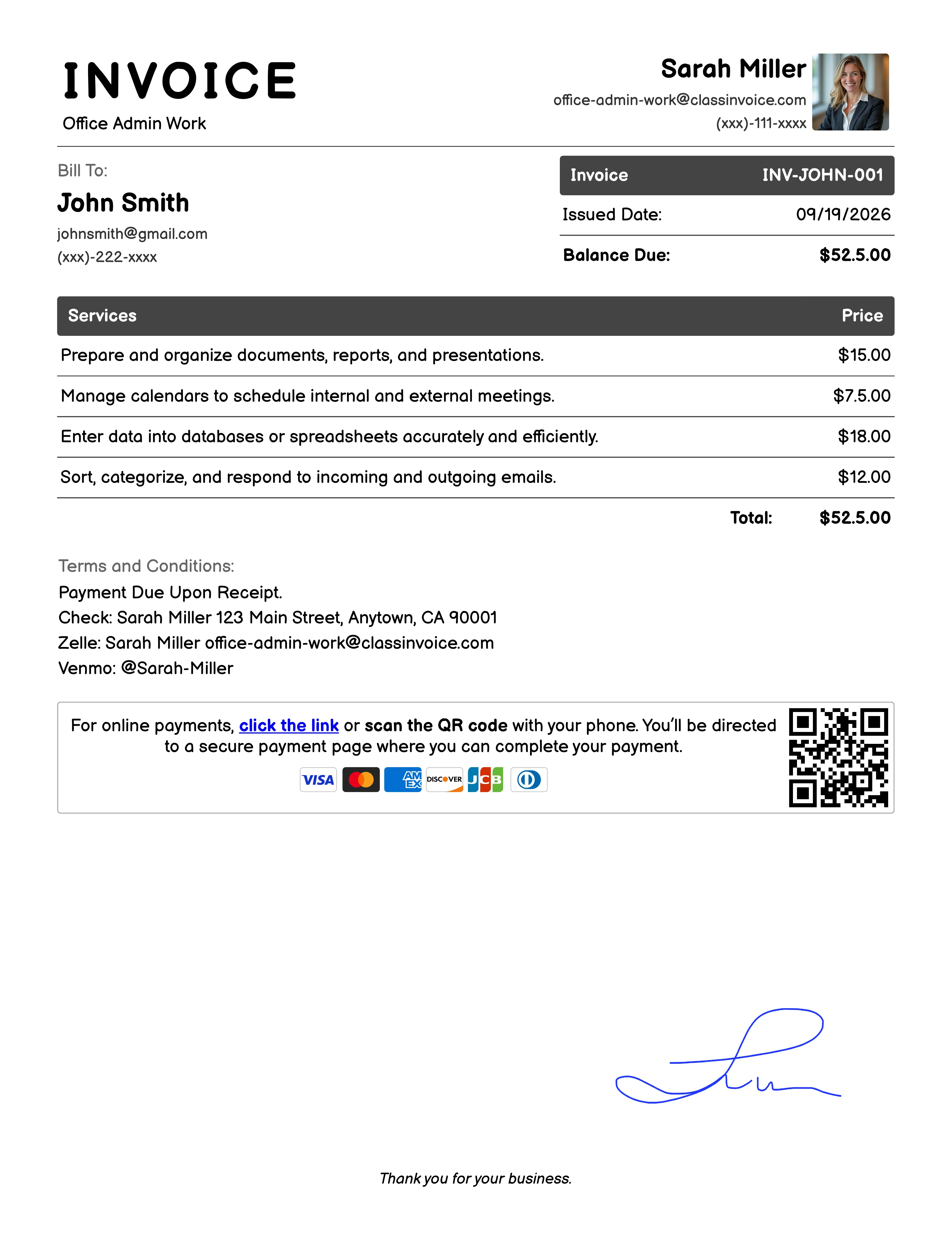Office Admin Work Invoice Example