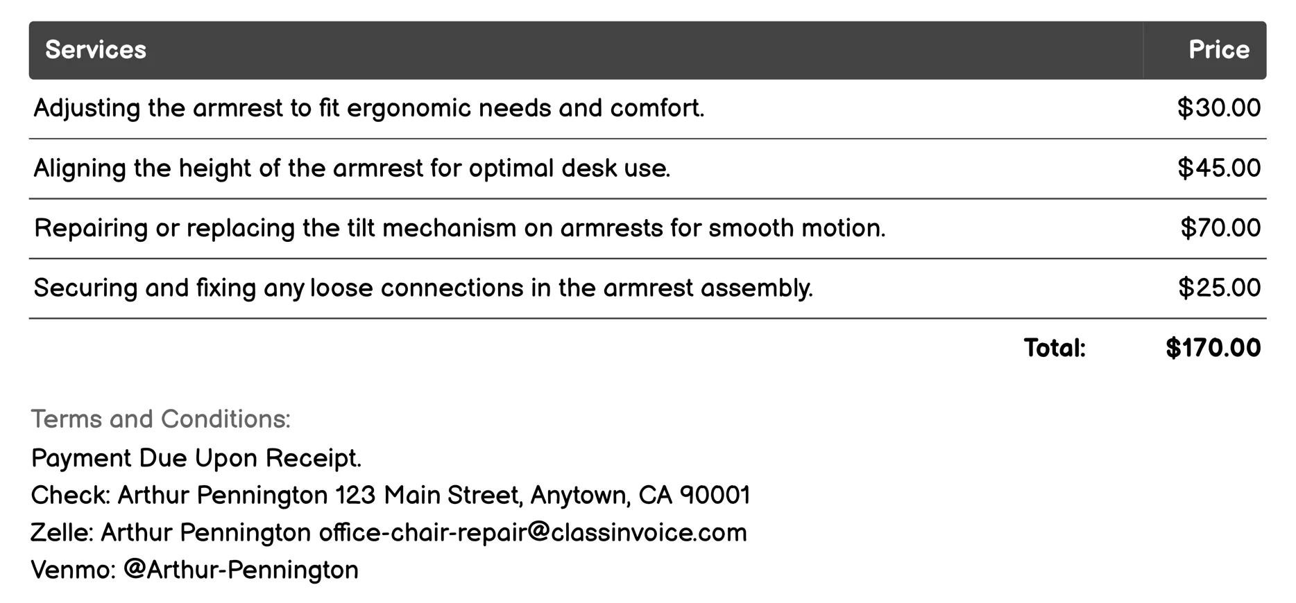 Armrest Adjustment or Repair Invoice Example