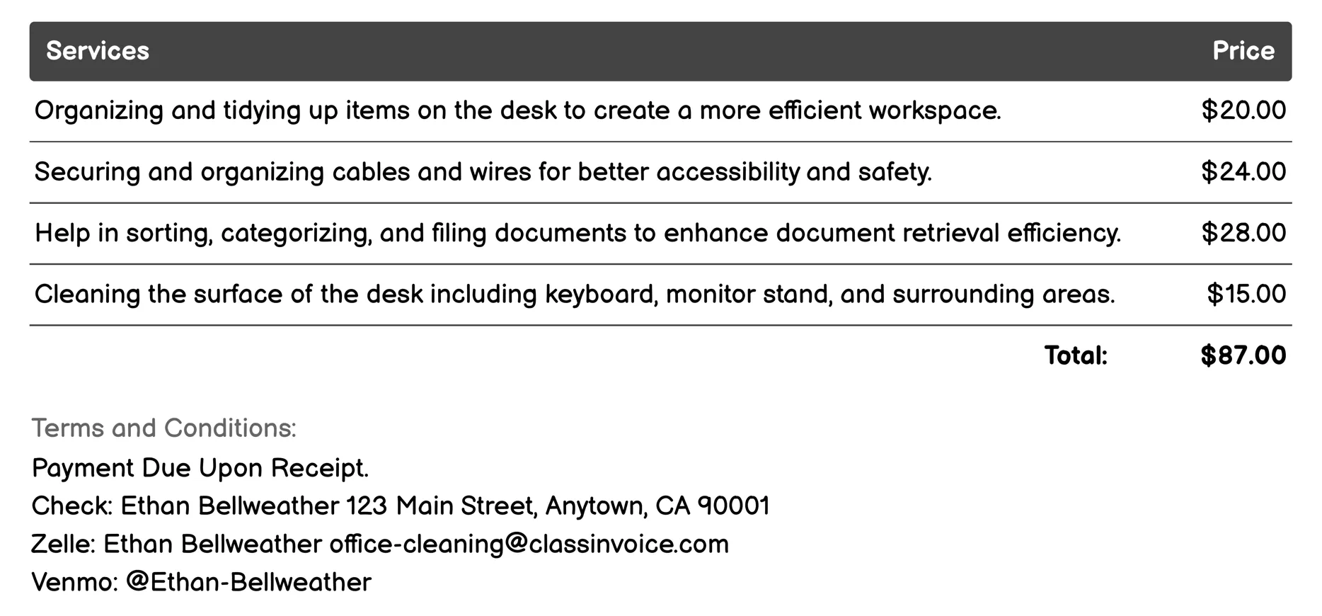 Desk Organization Invoice Example