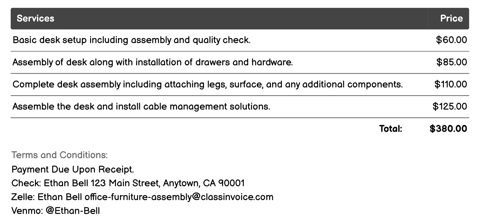 Desk Assembly Invoice Example