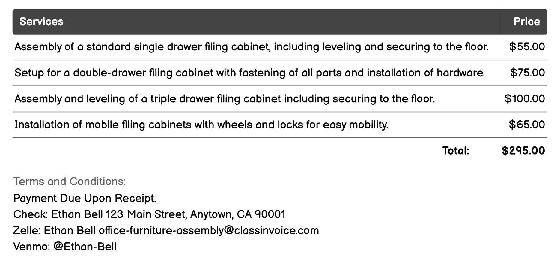Filing Cabinet Setup Invoice Example