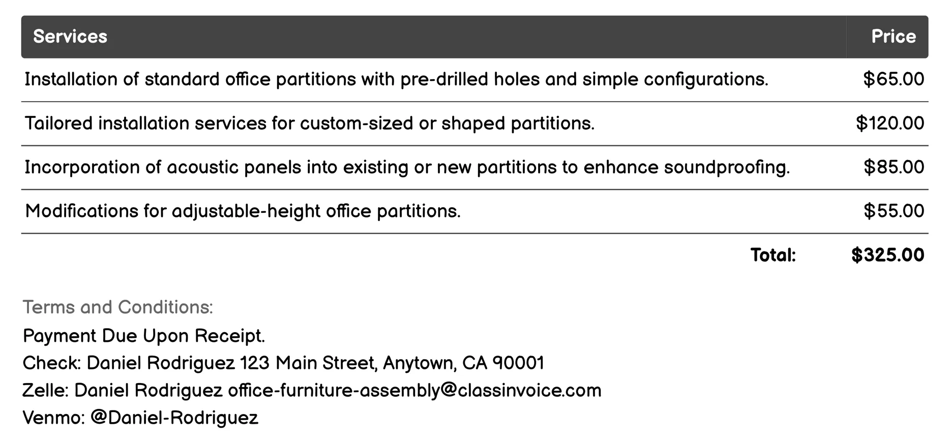 Partition Installation Invoice Example