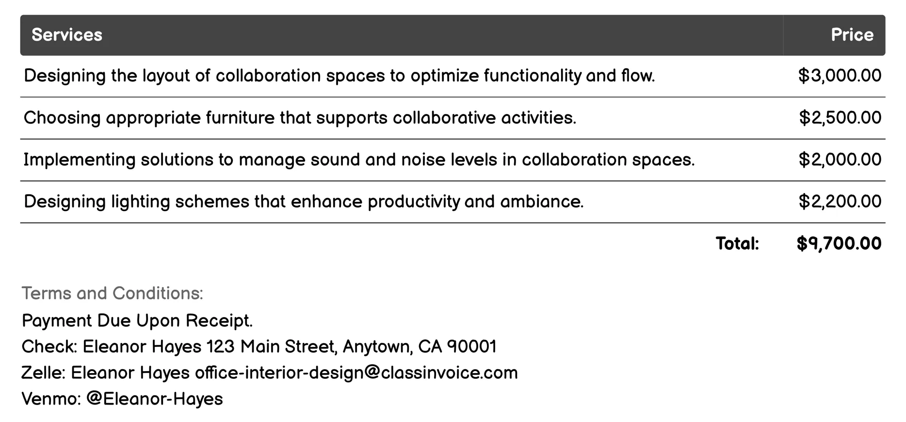Collaboration Space Design Invoice Example