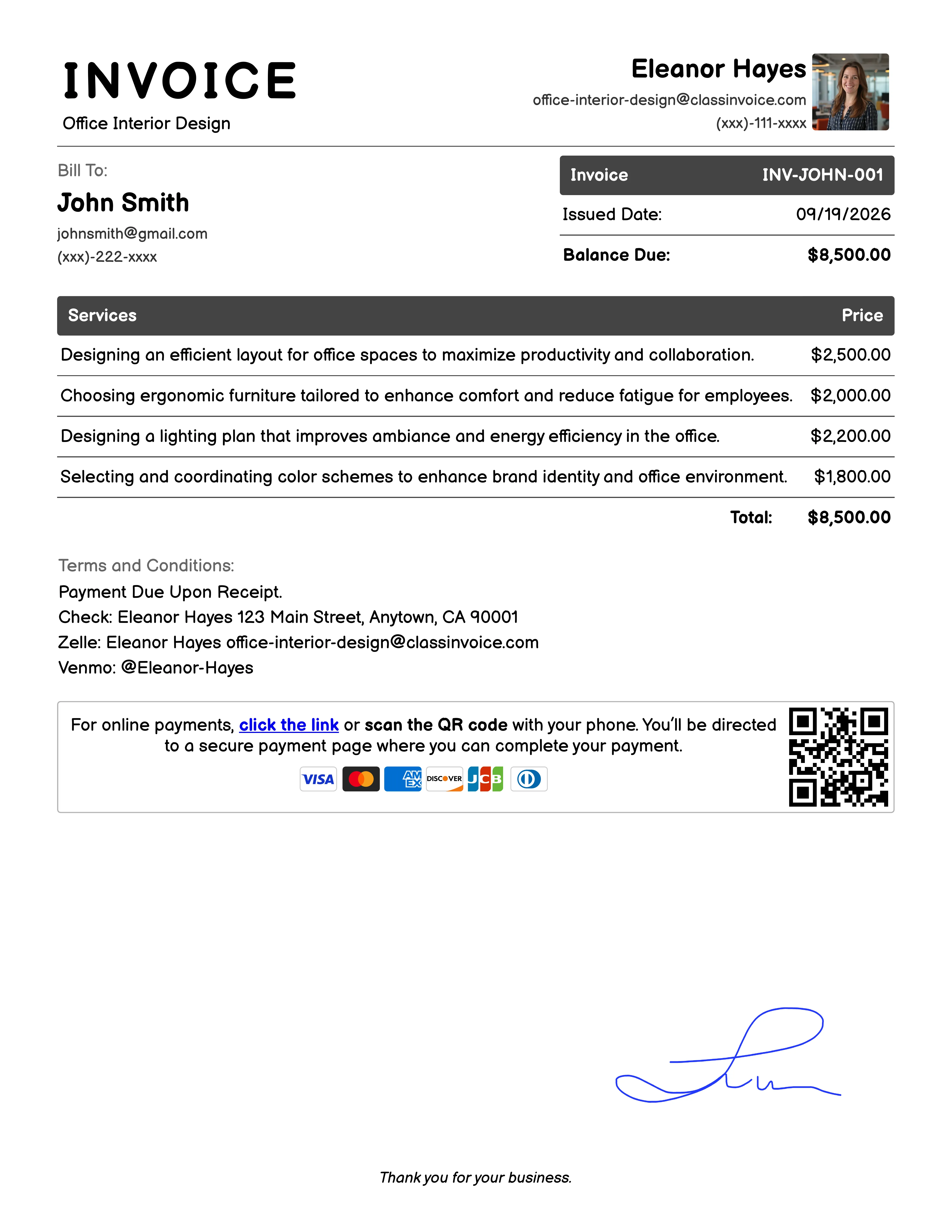Office Interior Design Invoice Example