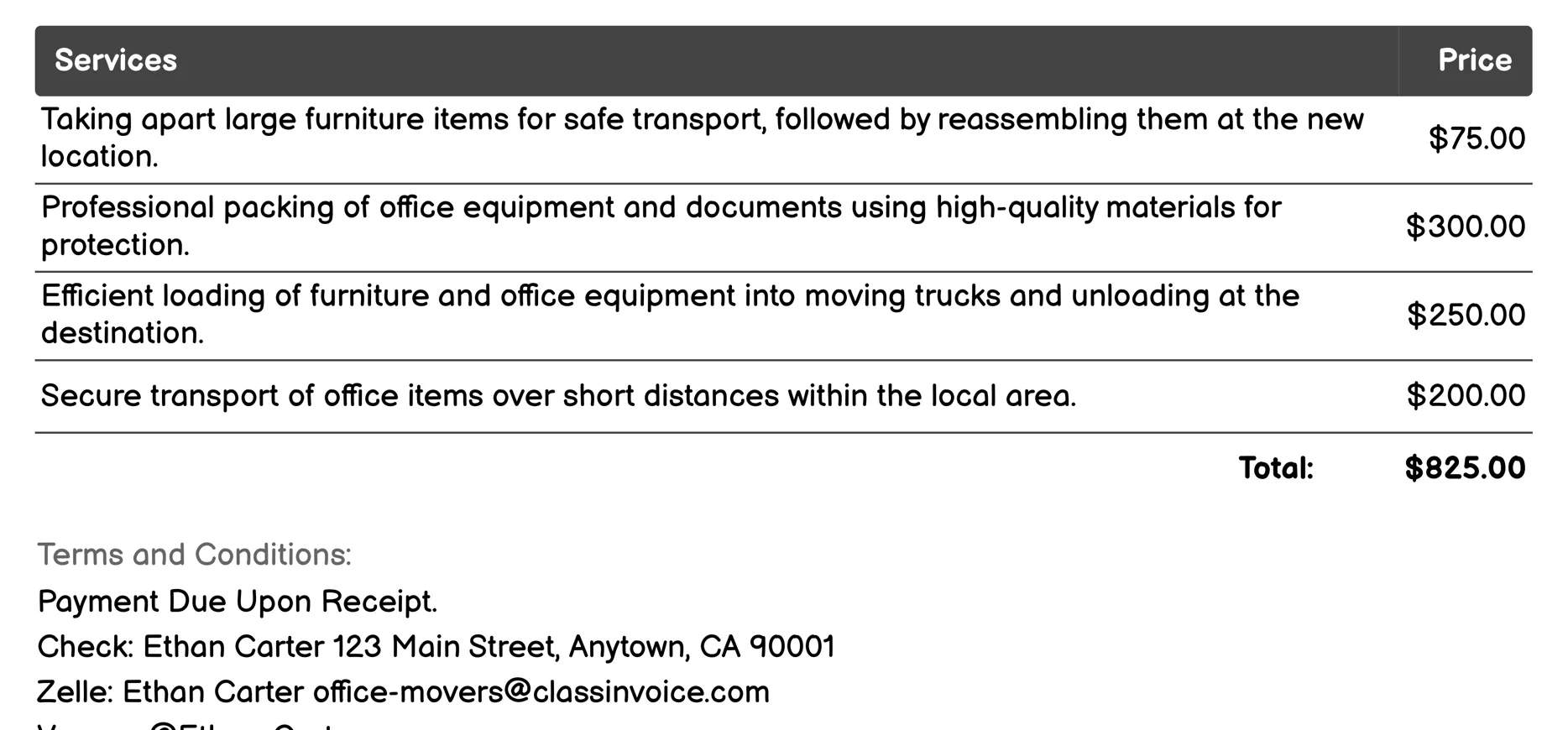 Local Moving Invoice Example