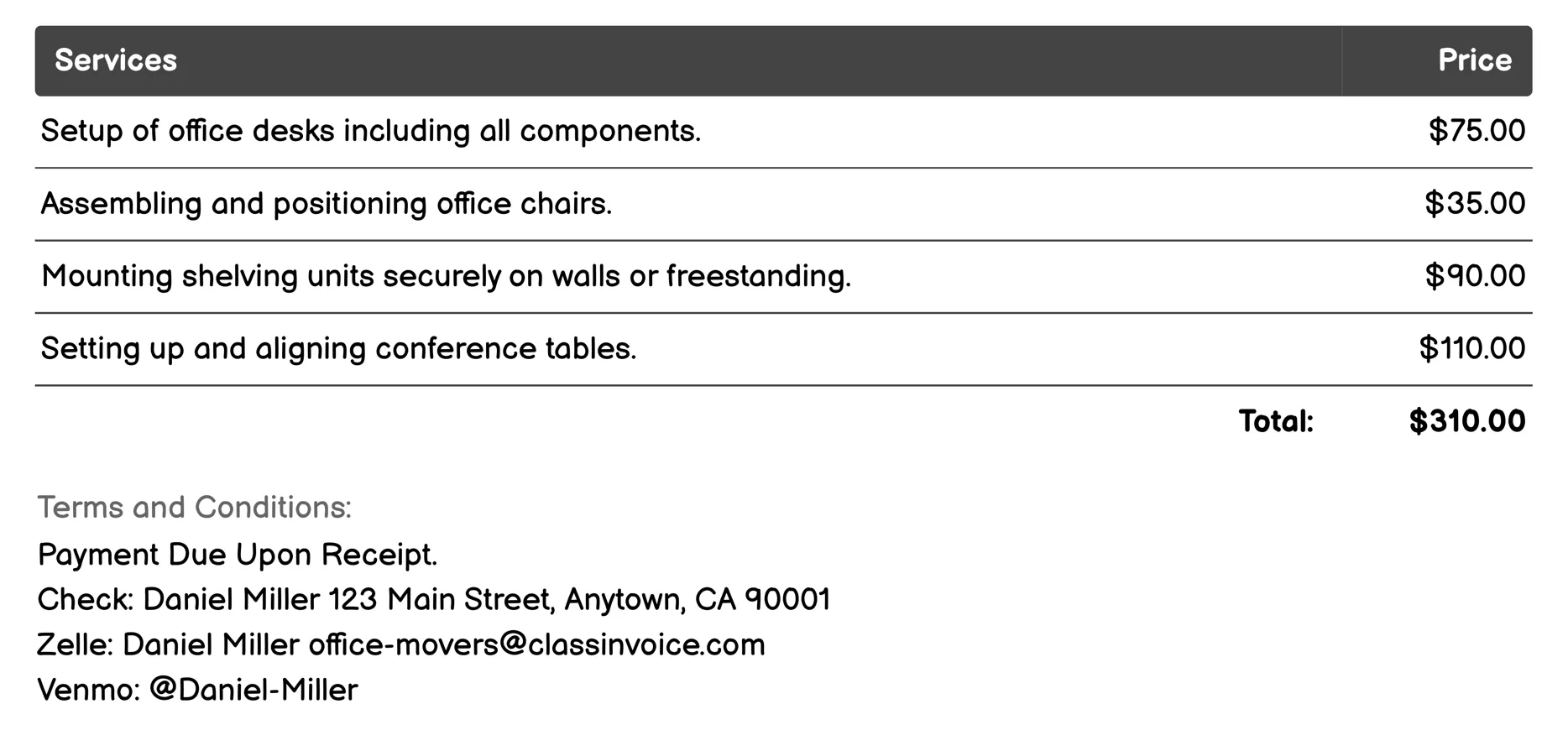 Office Furniture Assembly Invoice Example