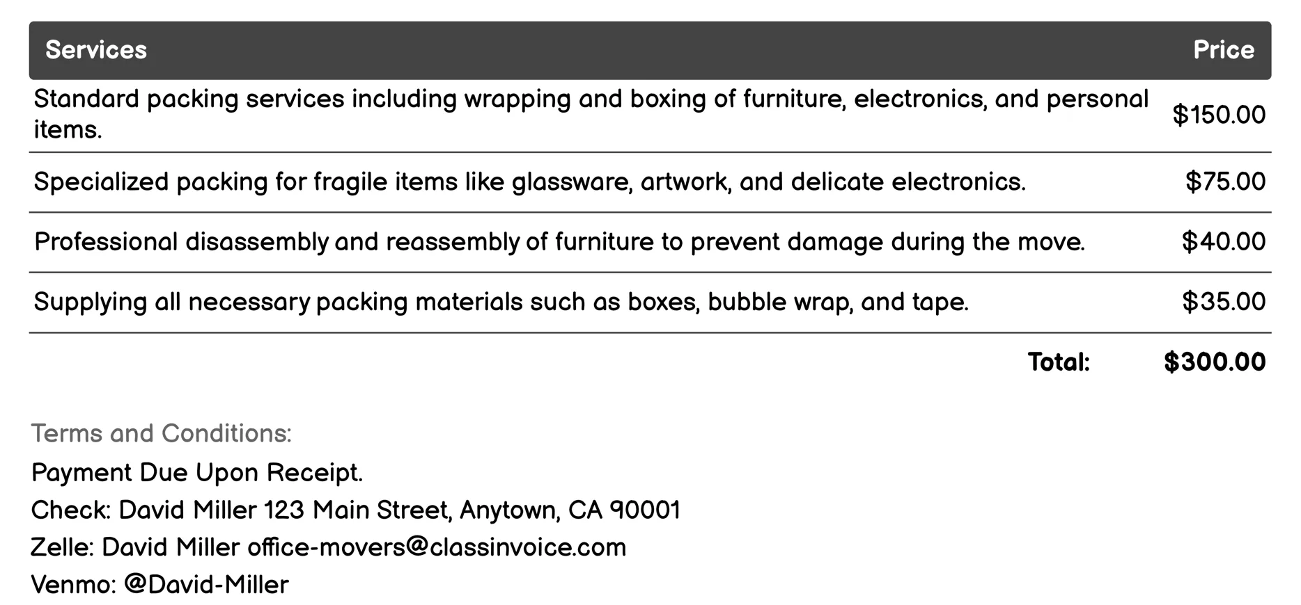 Packing Services Invoice Example