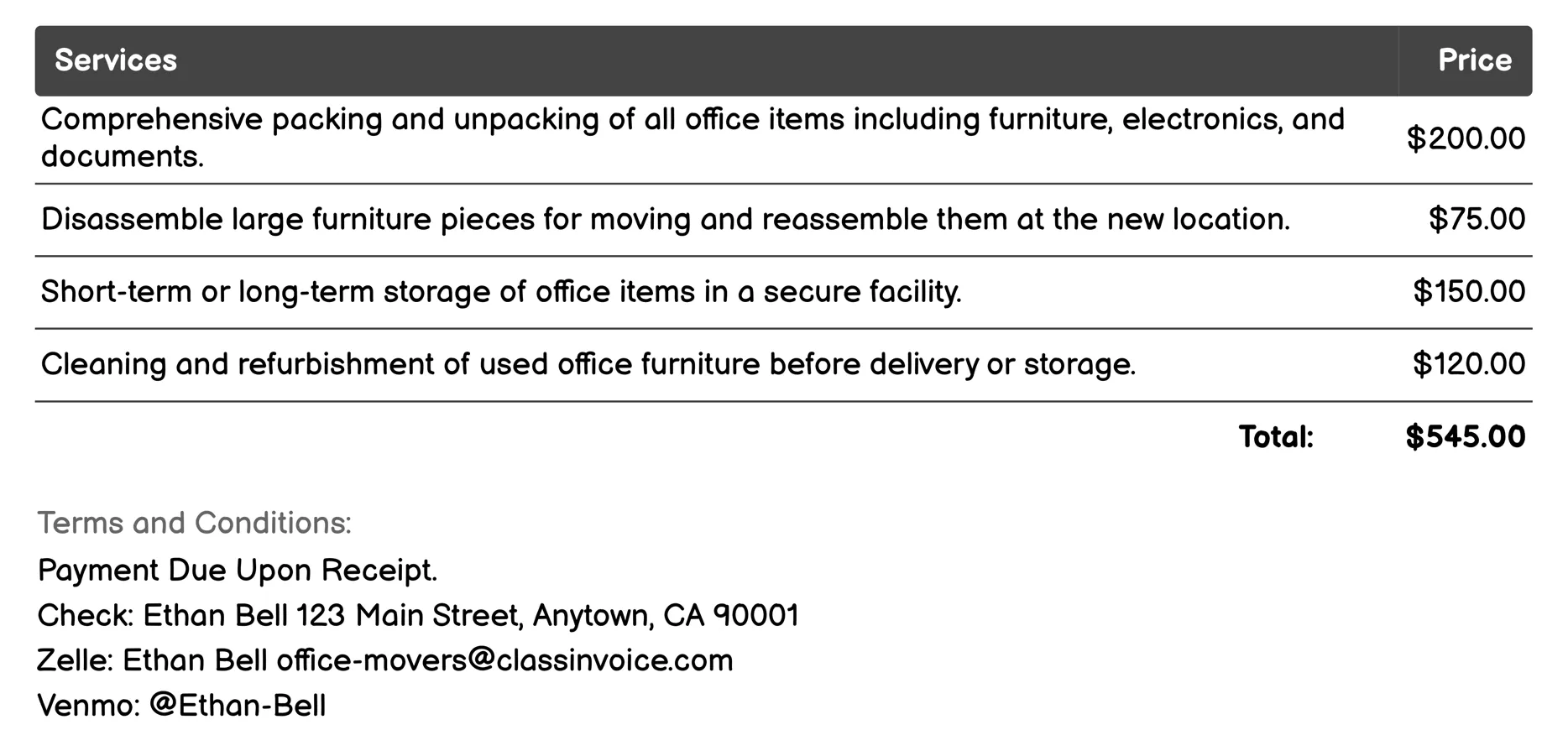 Storage Solutions Invoice Example