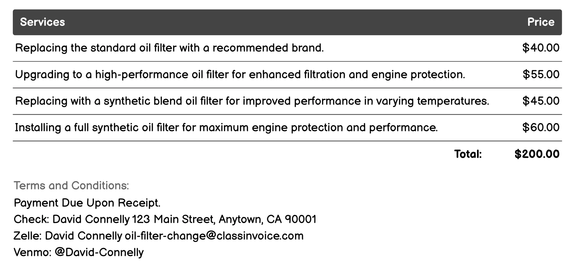 Scheduled Maintenance Oil Filter Service Invoice Example