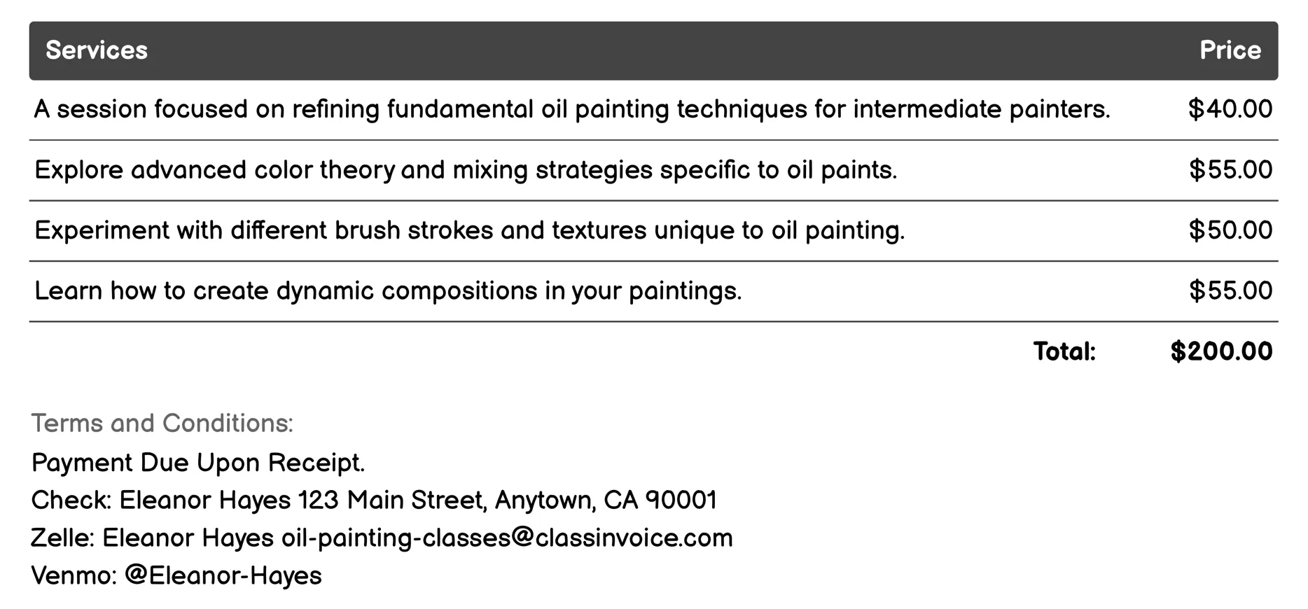 Intermediate Oil Painting Invoice Example