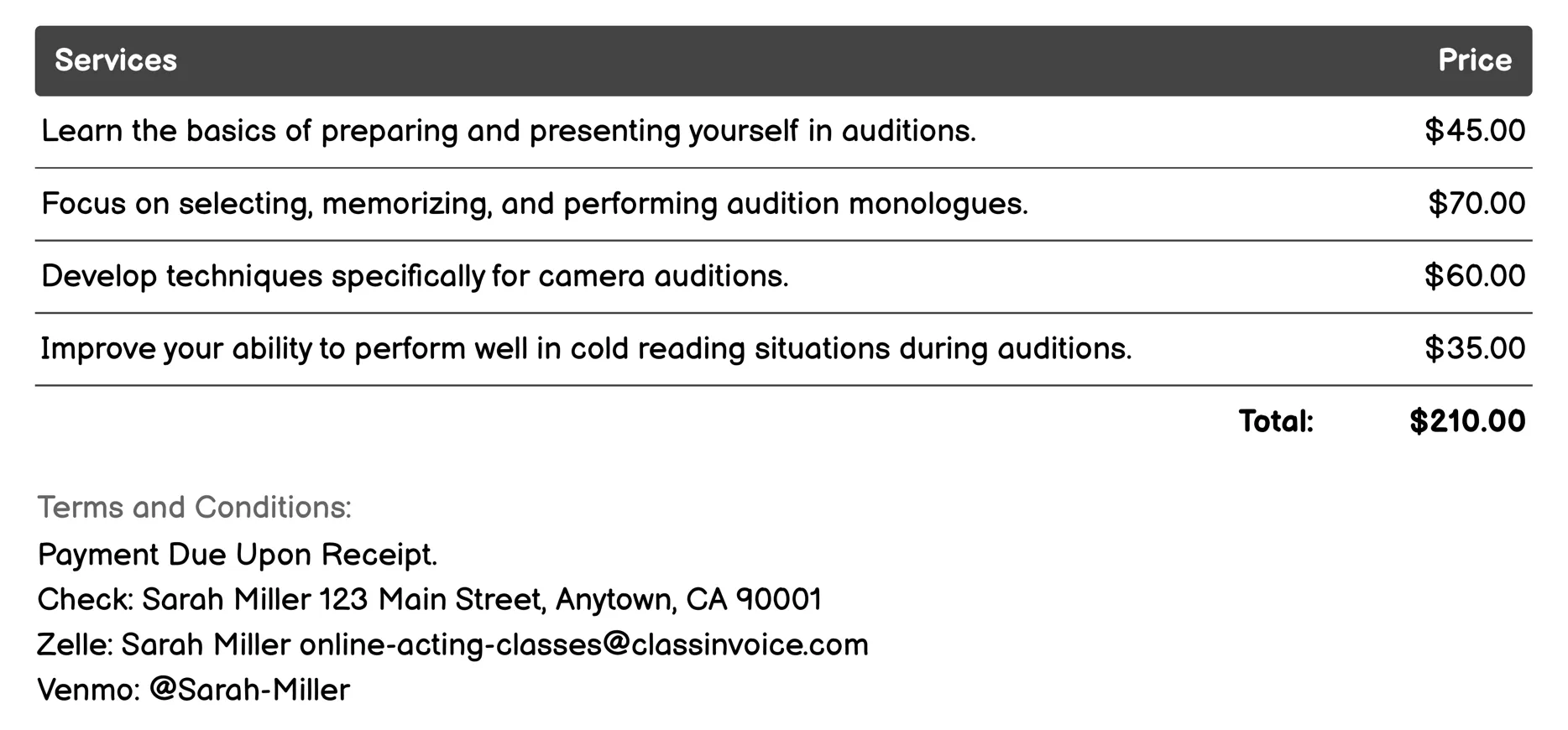 Audition Techniques Invoice Example