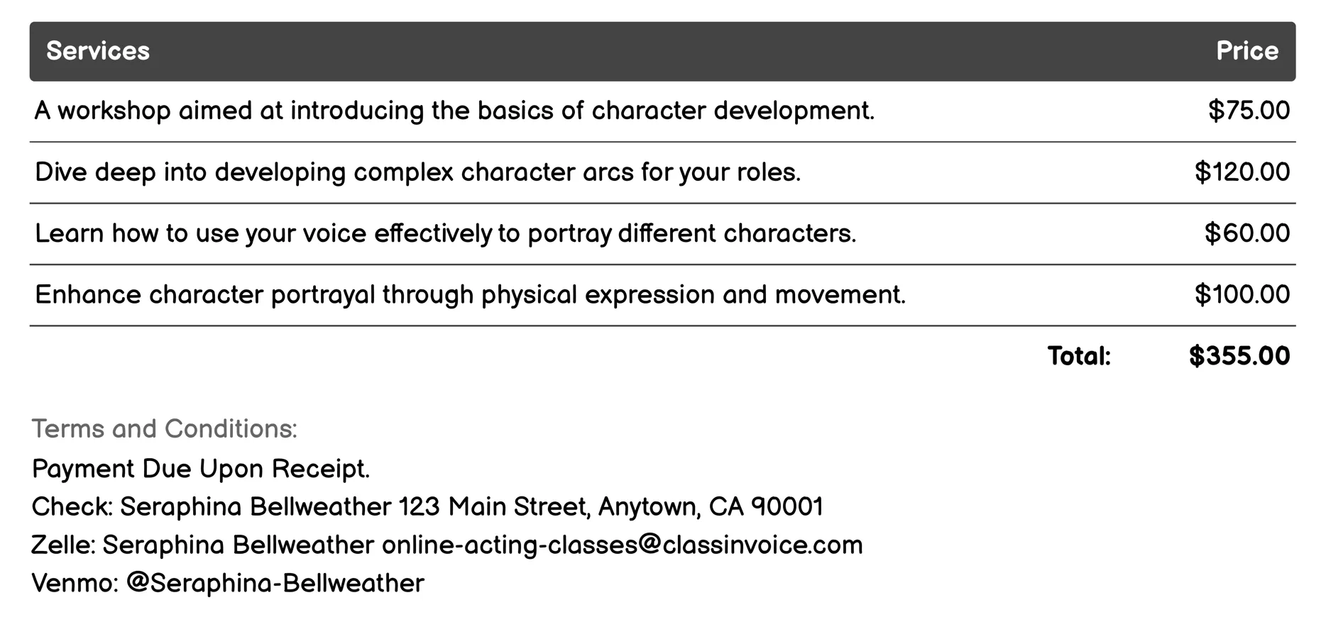 Character Development Workshops Invoice Example