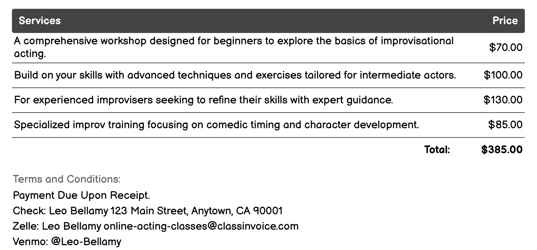 Improvisation Classes Invoice Example