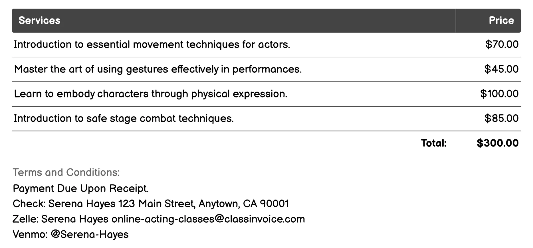 Movement and Physicality Classes Invoice Example