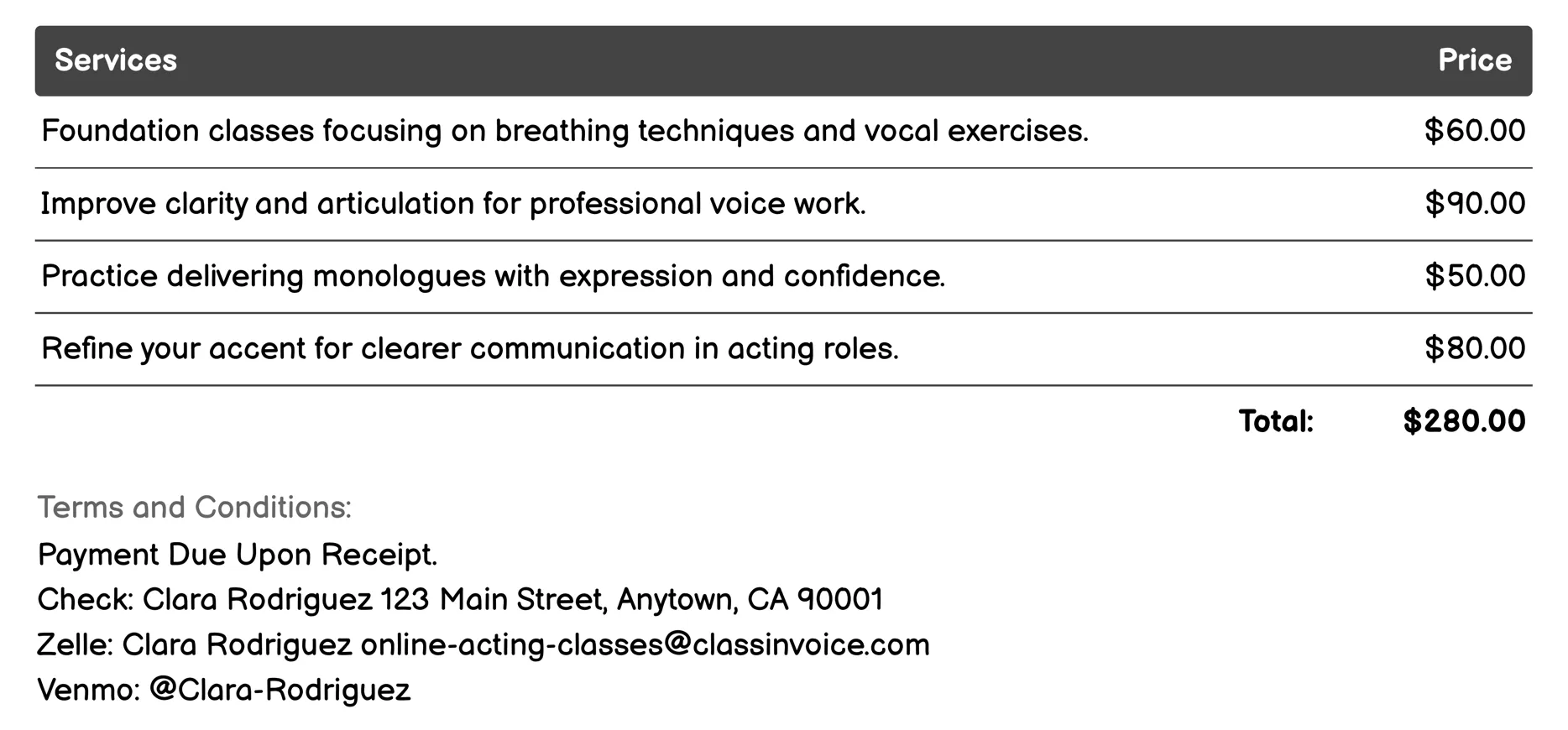 Voice and Speech Training Invoice Example