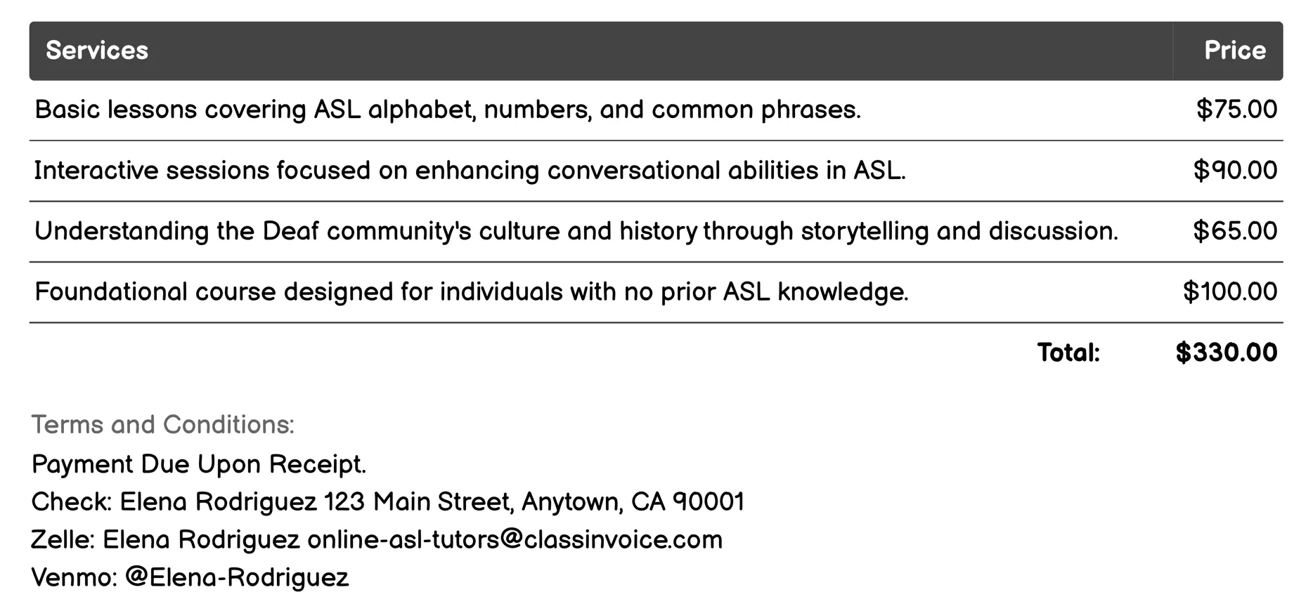 Cultural Immersion Programs Invoice Example