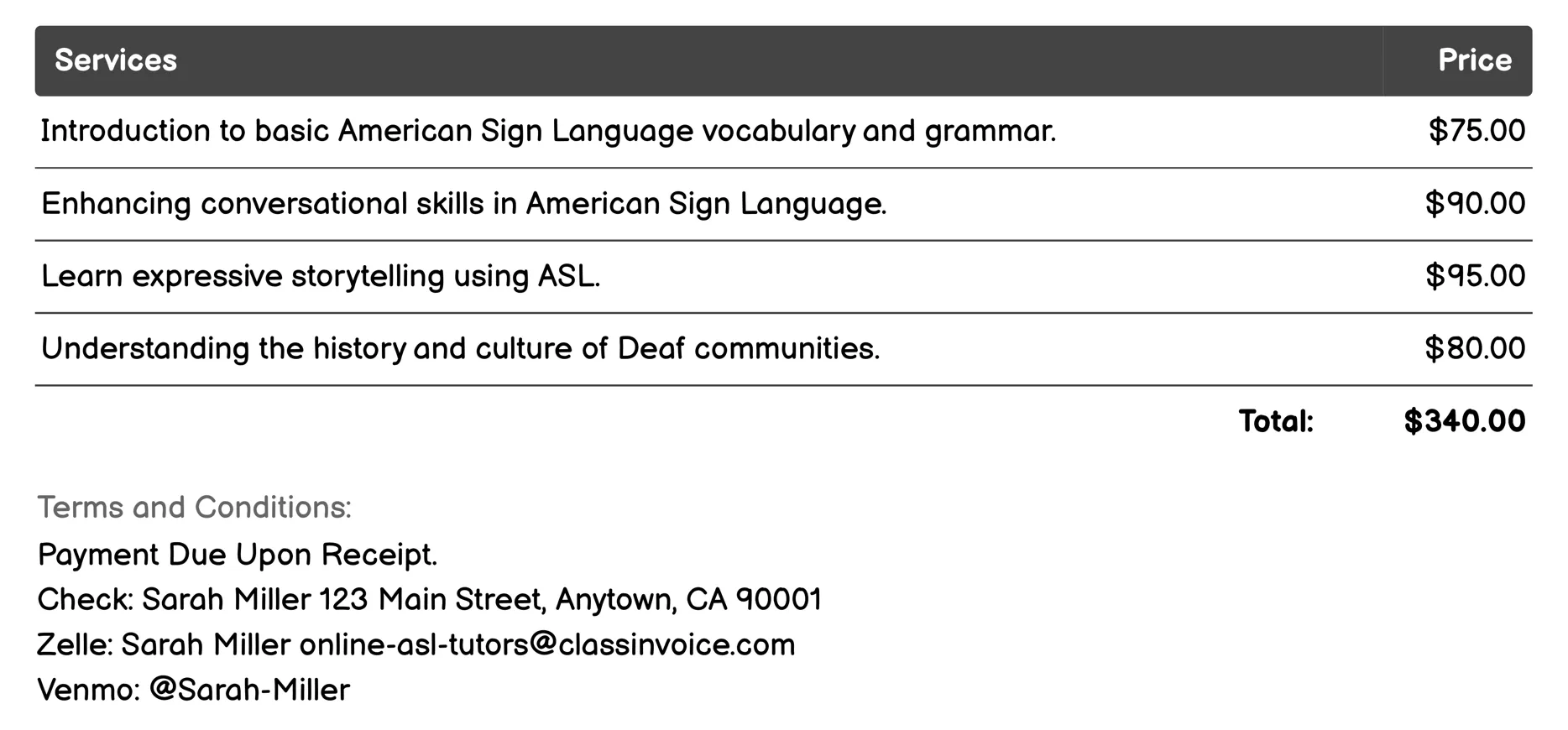 Group Classes Invoice Example