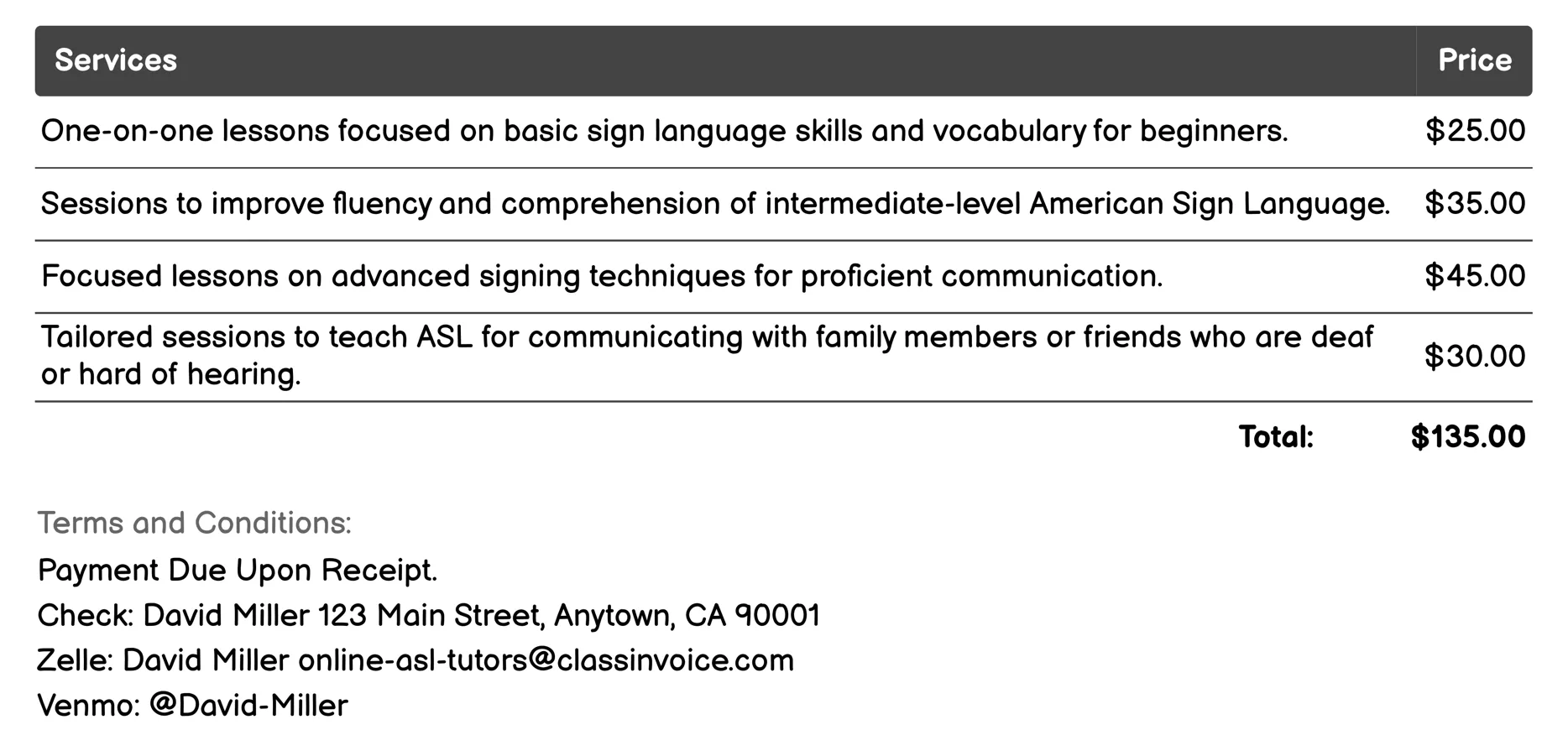 One-on-One ASL Lessons Invoice Example