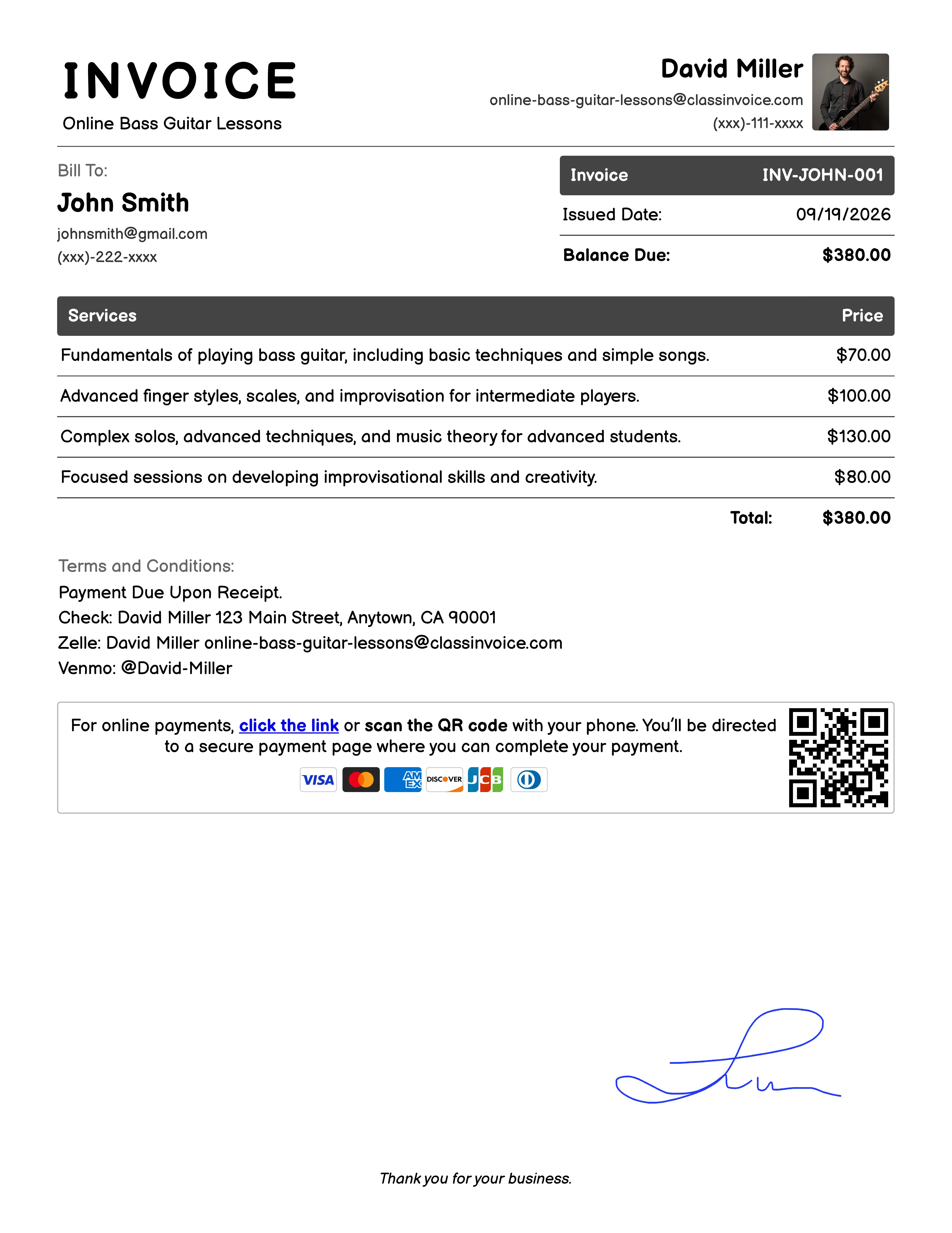 Online Bass Guitar Lessons Invoice Example