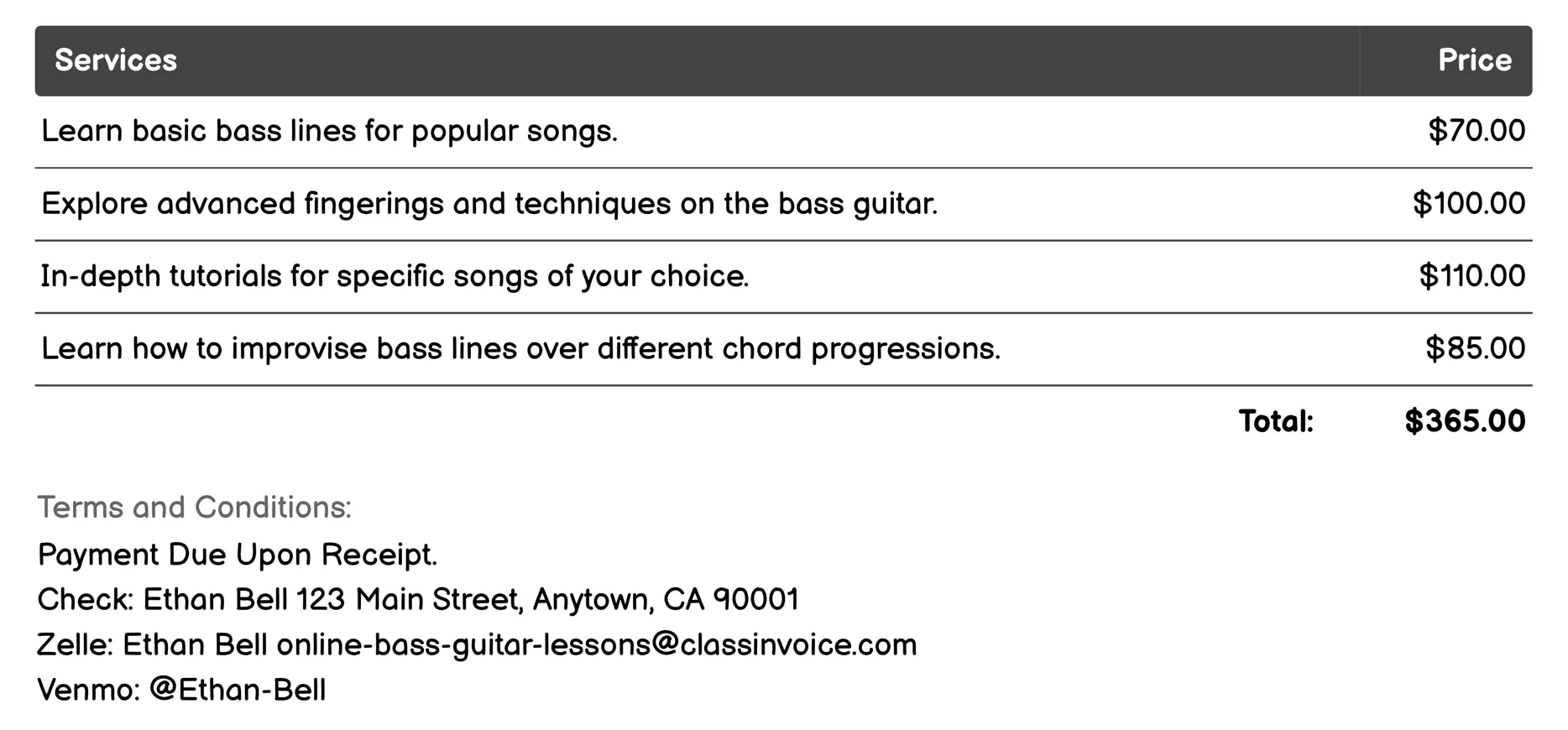 Song Tutorials Invoice Example