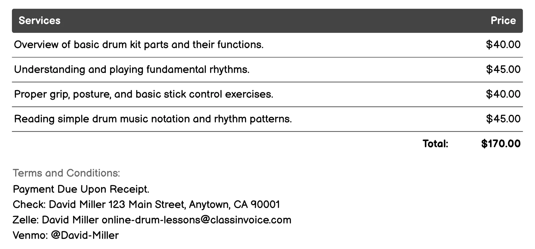 Beginner Drumming Invoice Example