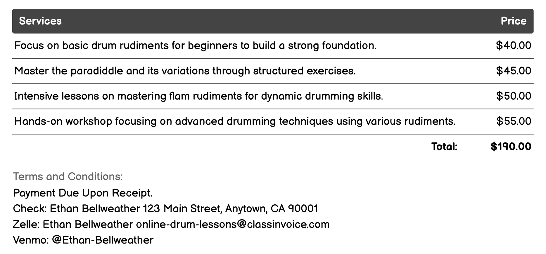 Drum Rudiments Mastery Invoice Example