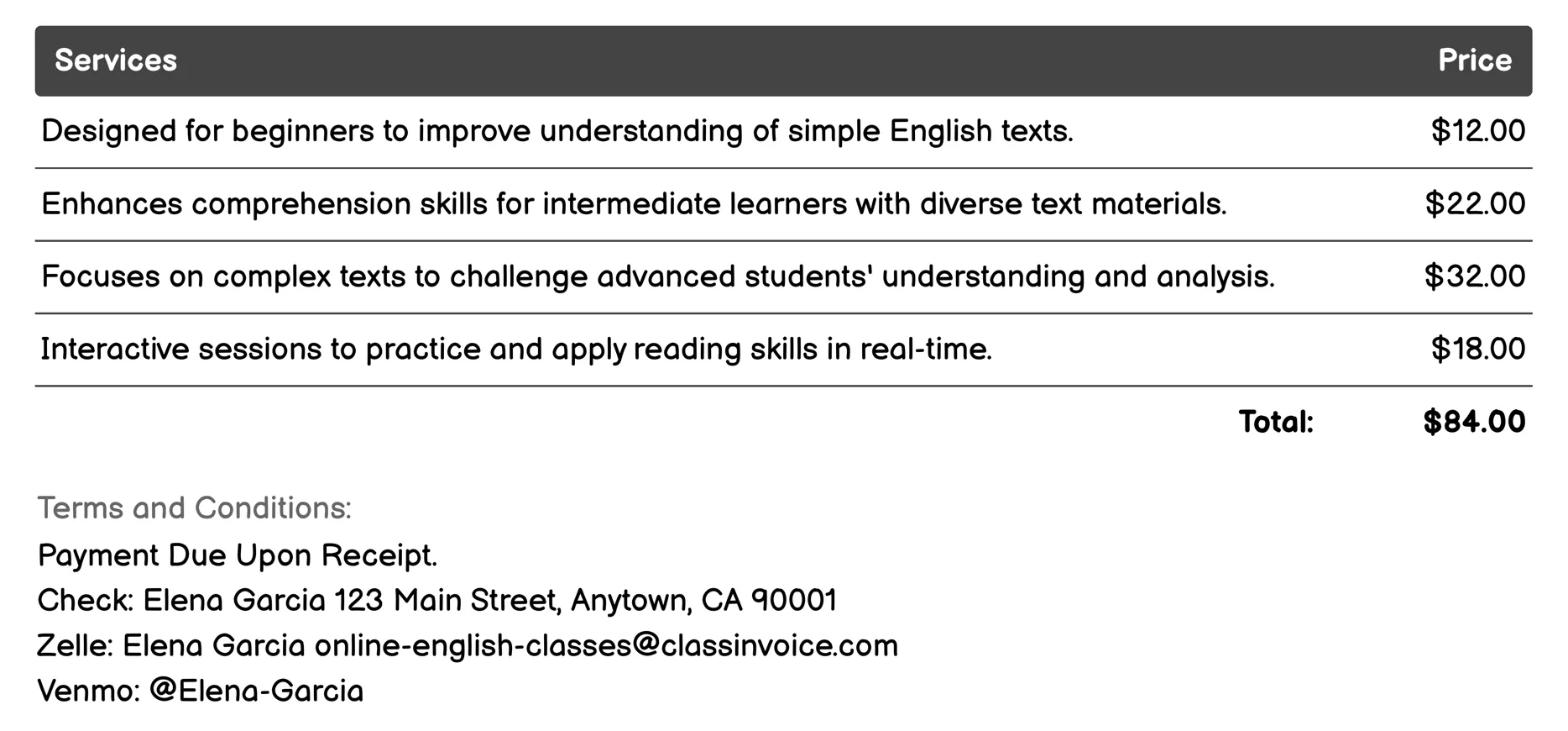 Reading Comprehension Classes Invoice Example
