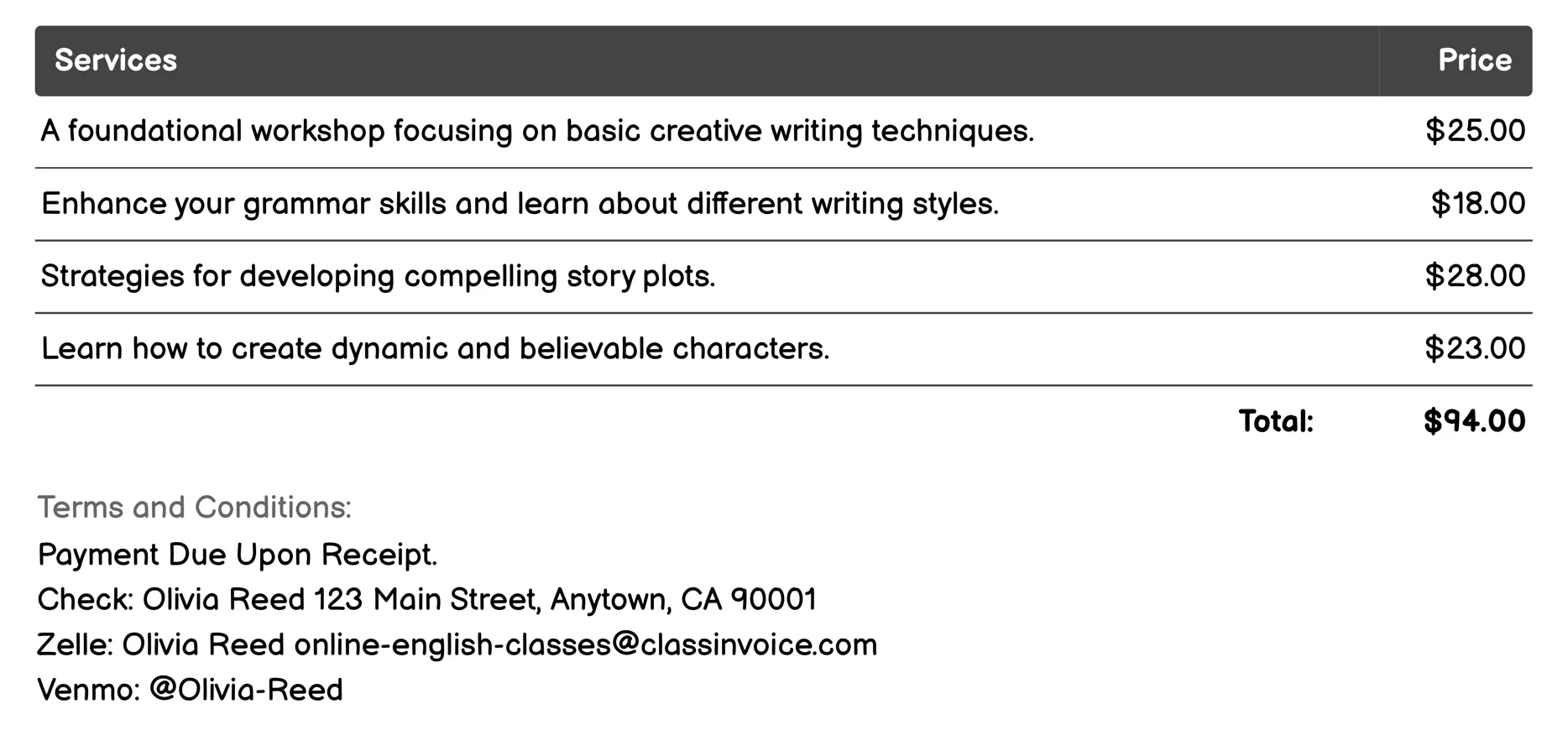 Writing Workshops Invoice Example