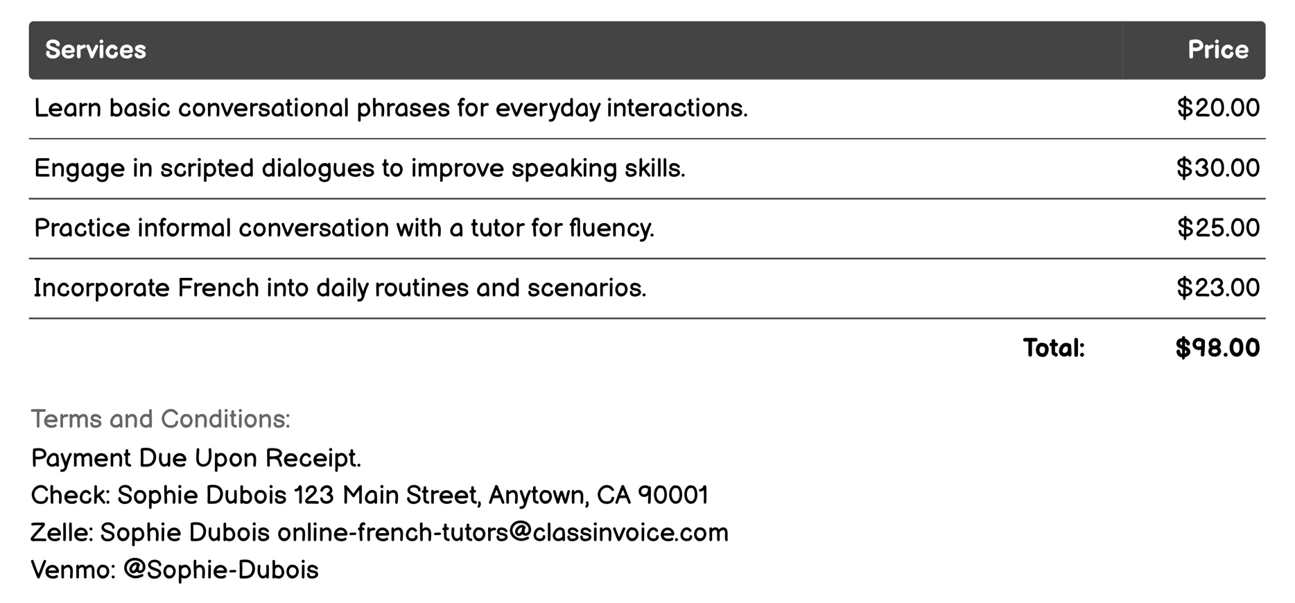 General Conversation Practice Invoice Example