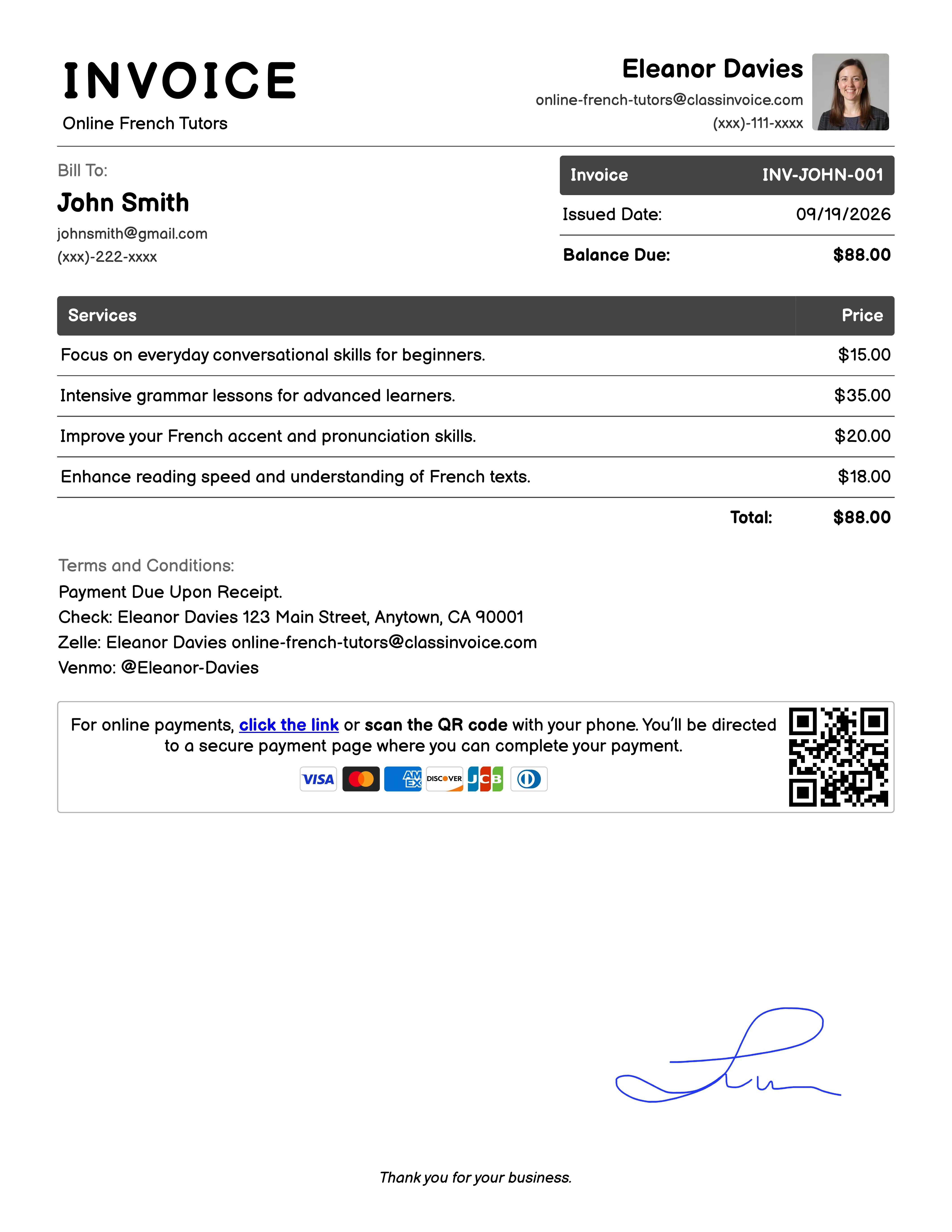 Online French Tutors Invoice Example