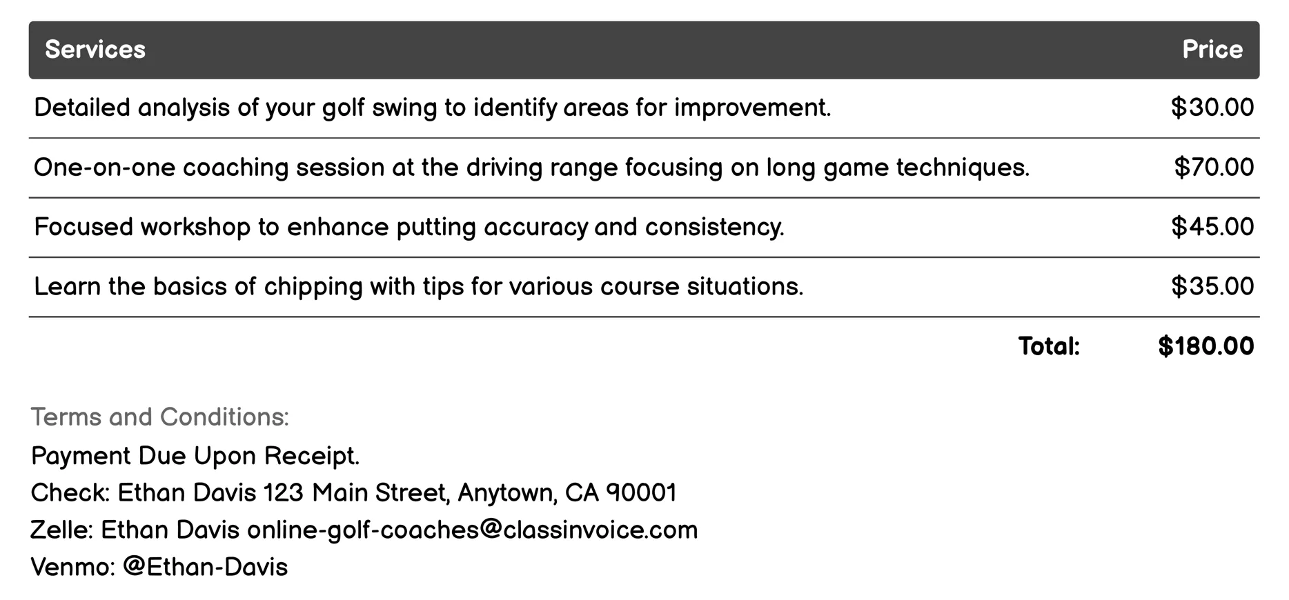 Golf Technique Workshops Invoice Example