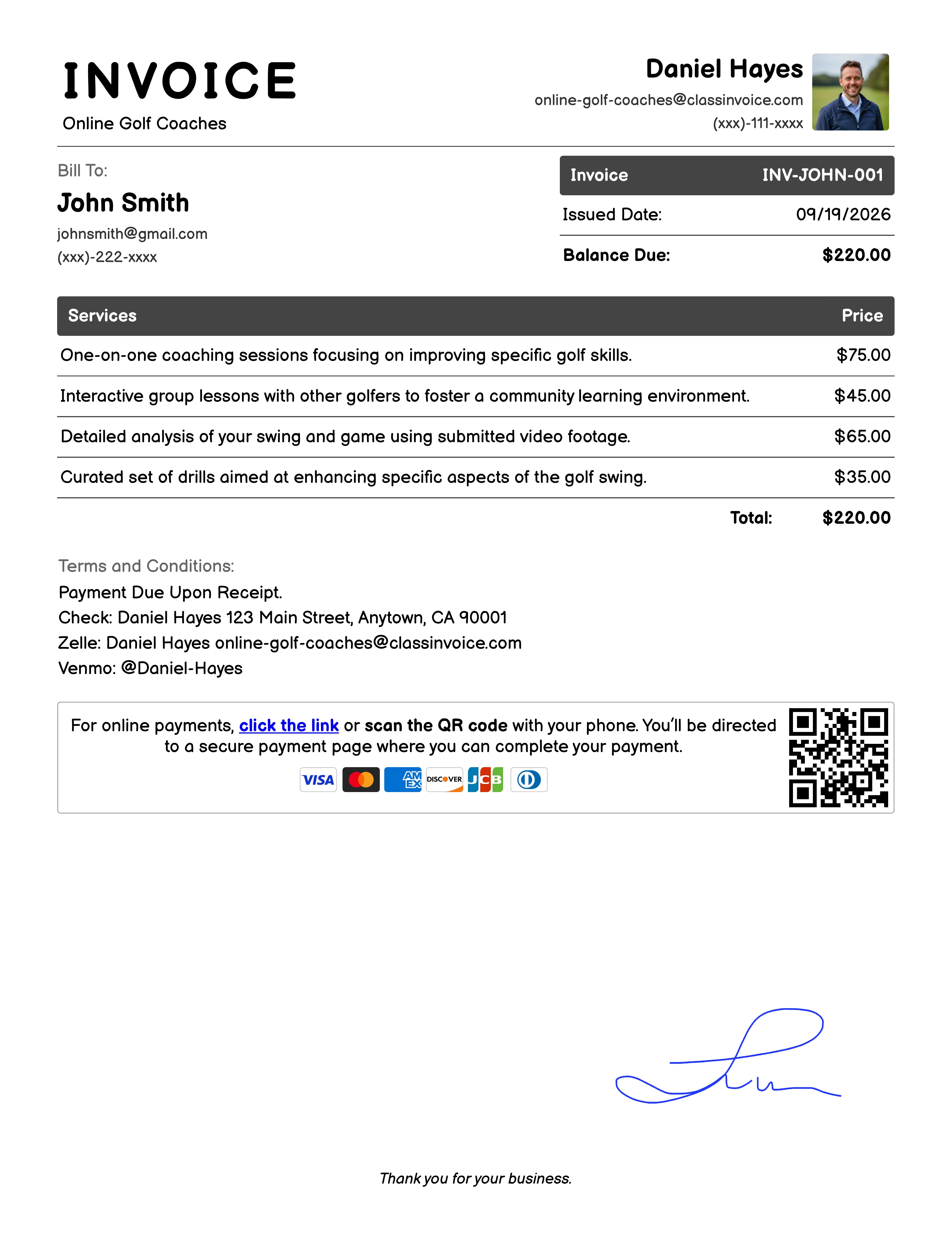 Online Golf Coaches Invoice Example