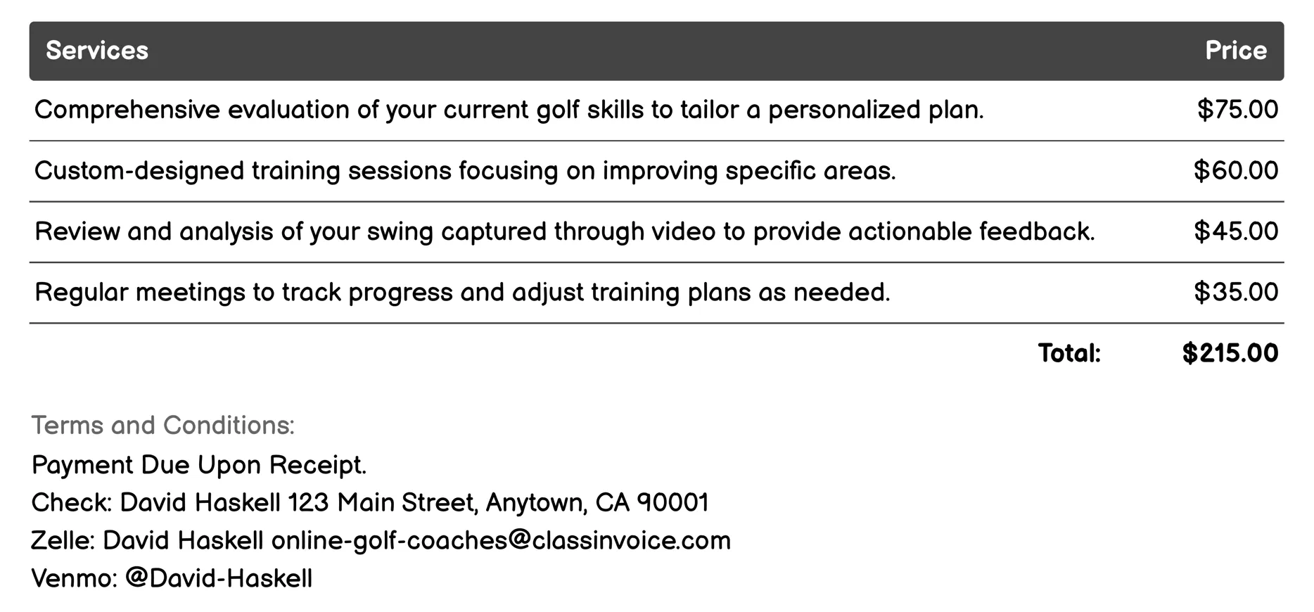 Personalized Golf Plans Invoice Example