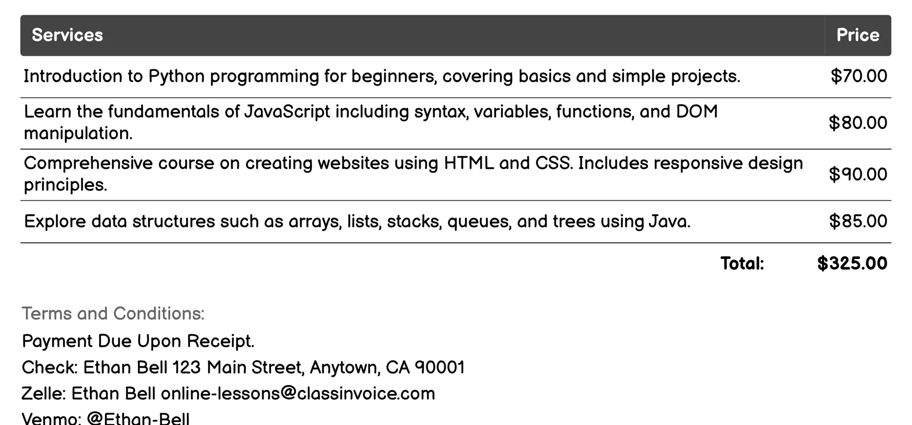 Coding Courses Invoice Example