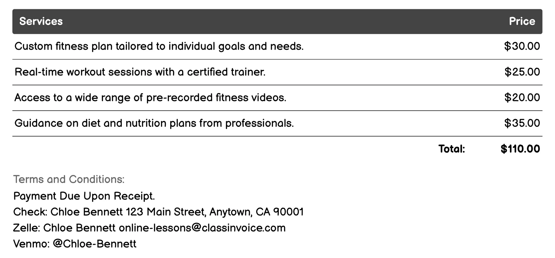 Fitness Training Invoice Example