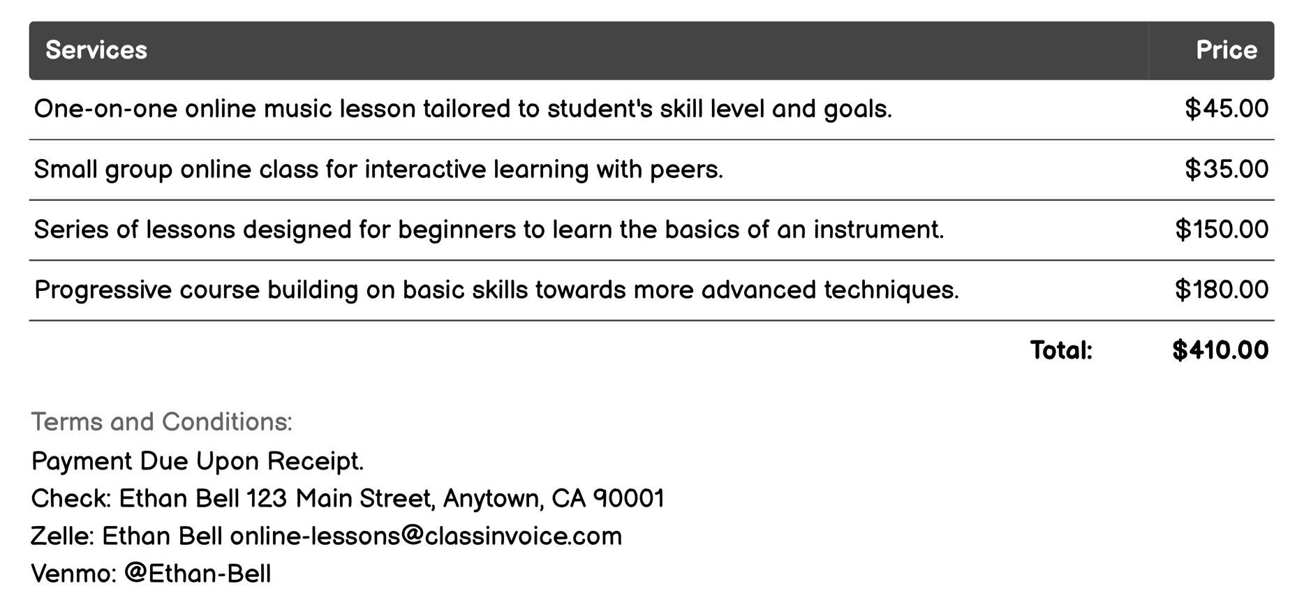 Music Lessons Invoice Example